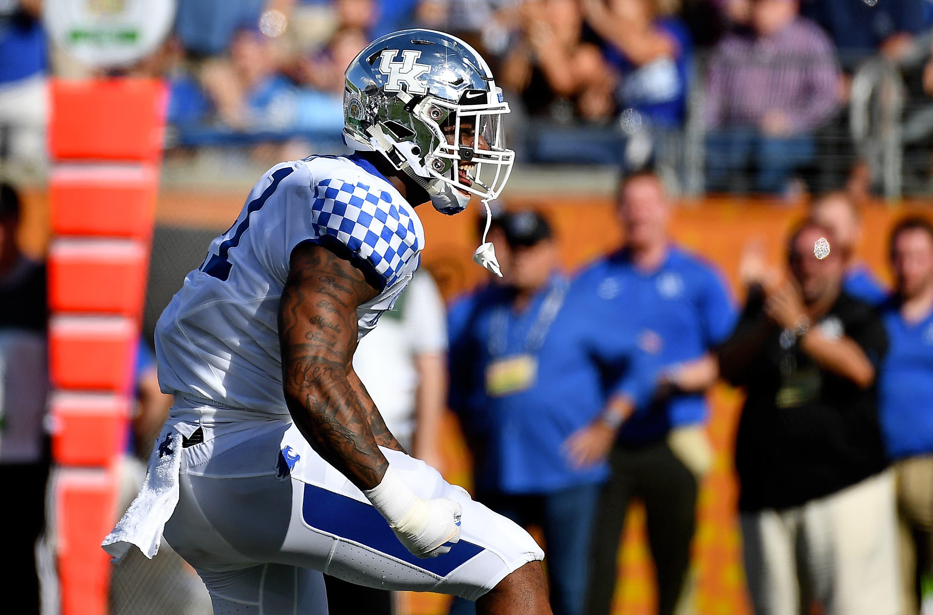 Jan 1, 2019; Orlando, FL, USA; Kentucky Wildcats linebacker Josh Allen (41) celebrates after sacking Penn State Nittany Lions quarterback Trace McSorley (9) during the first half in the 2019 Citrus Bowl at Camping World Stadium. Mandatory Credit: Jasen Vinlove-USA TODAY Sports / Jasen Vinlove