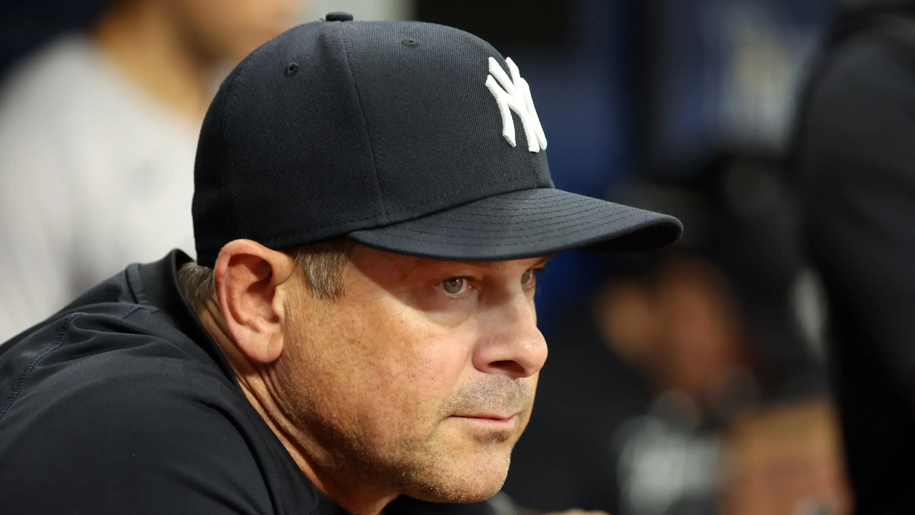 May 10, 2024; St. Petersburg, Florida, USA; New York Yankees manager Aaron Boone (17) looks on against the Tampa Bay Rays during the seventh inning at Tropicana Field. / Kim Klement Neitzel-USA TODAY Sports