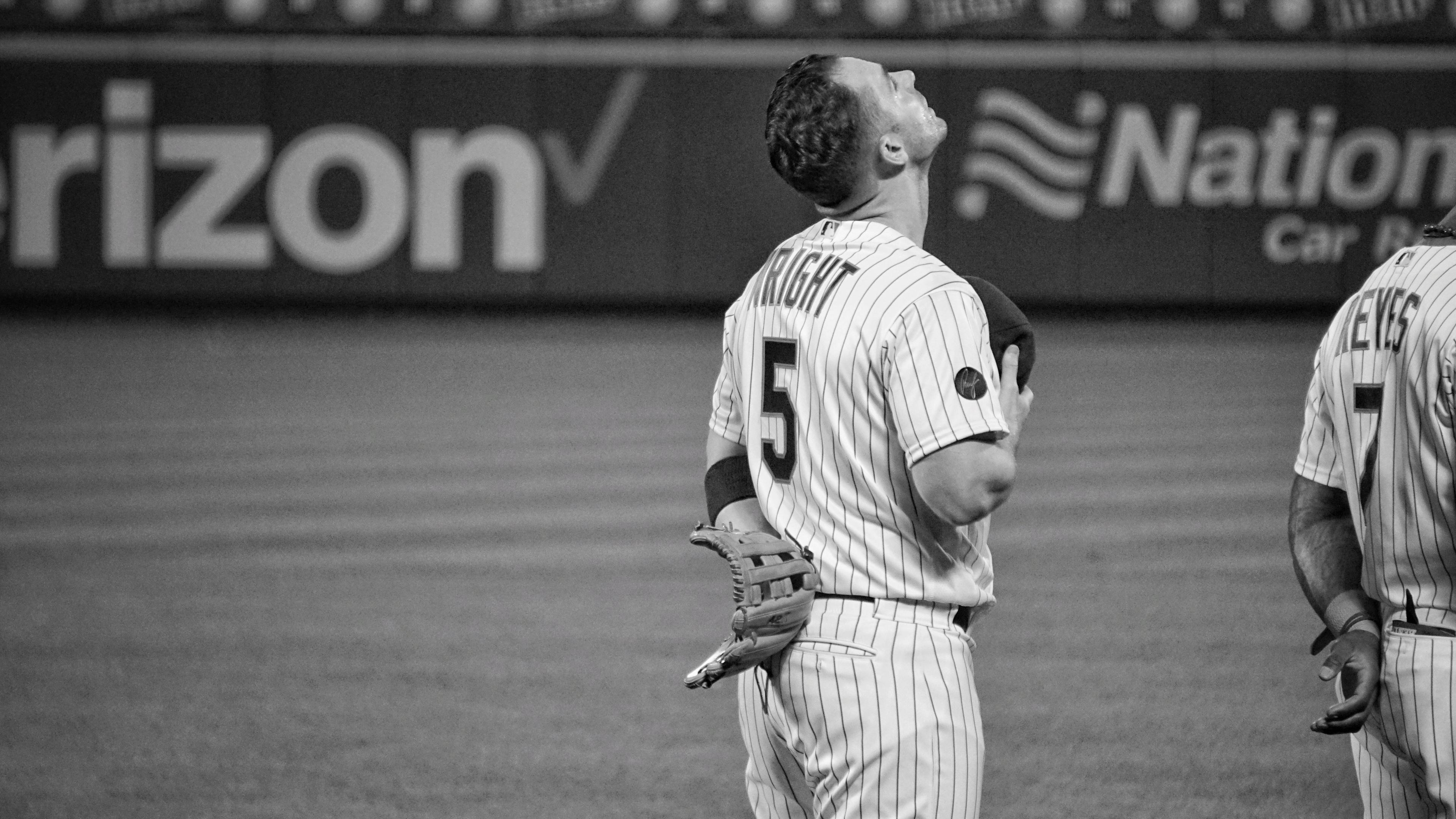 Sept. 29, 2018: David Wright looks to the sky after the National Anthem and before the final game of his career. Credit: Matthew Cerrone, SNY