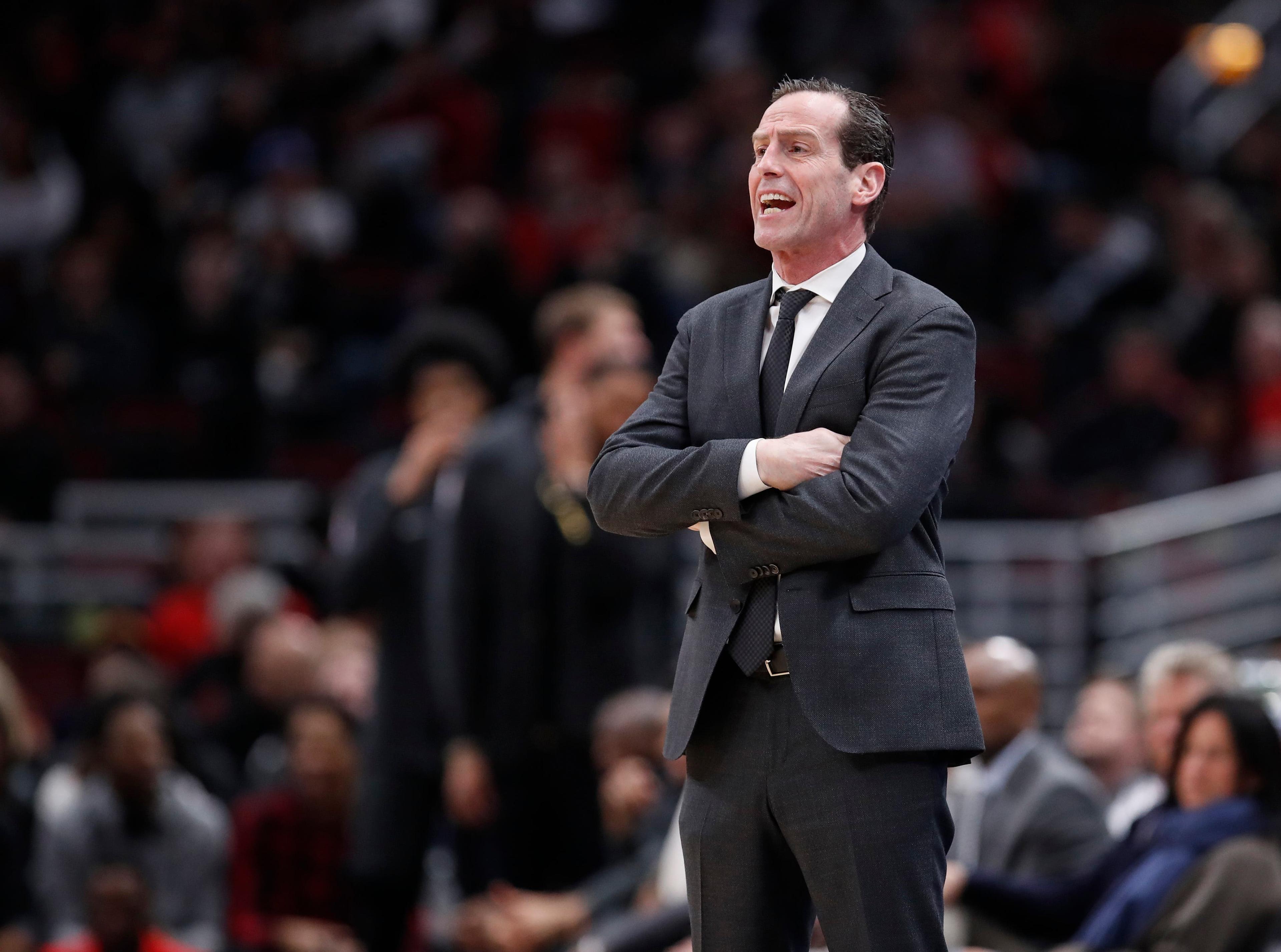 Apr 7, 2018; Chicago, IL, USA; Brooklyn Nets head coach Kenny Atkinson yells to his team against the Chicago Bulls during the first half at United Center. Mandatory Credit: Kamil Krzaczynski-USA TODAY Sports / Kamil Krzaczynski