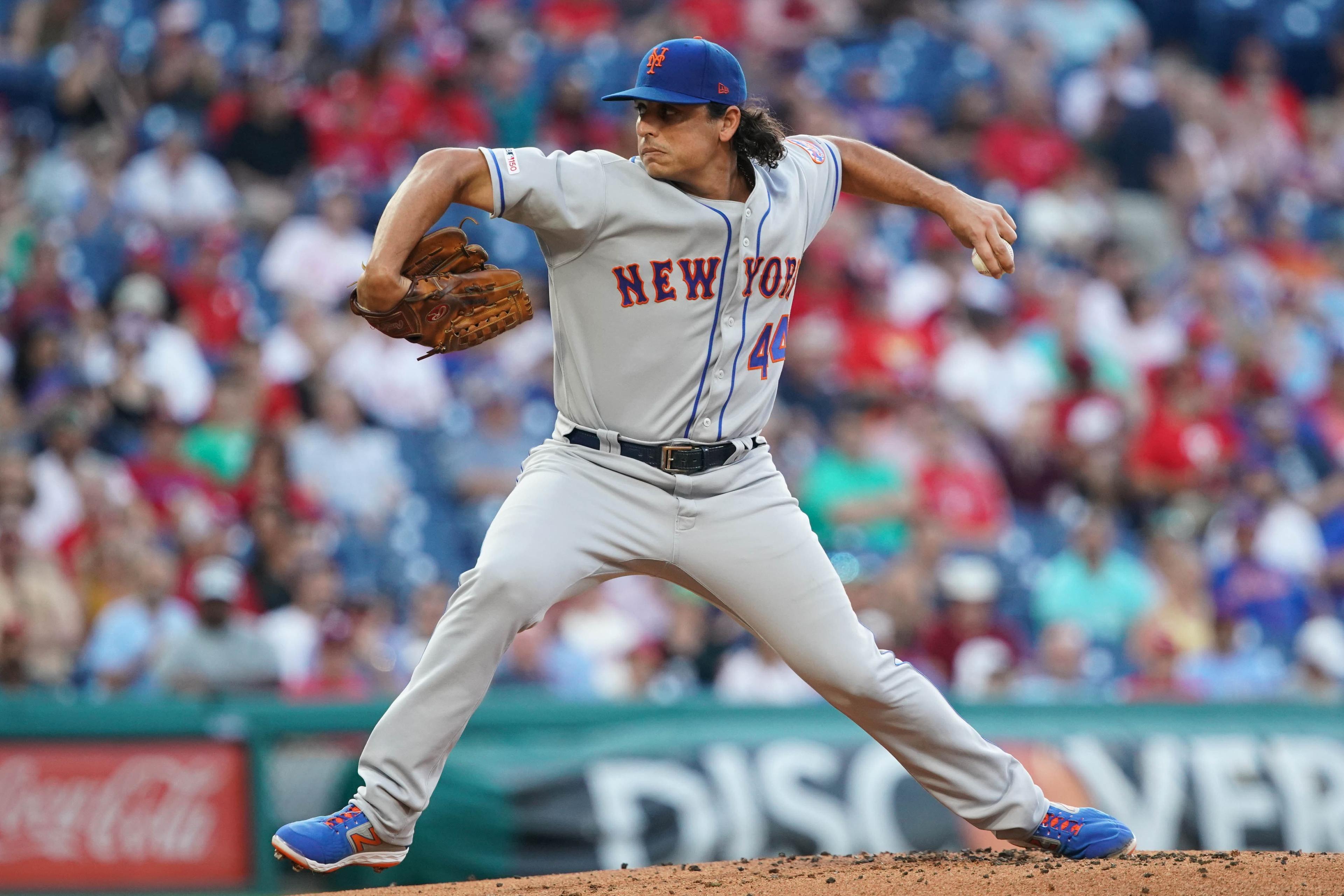 Jun 26, 2019; Philadelphia, PA, USA; New York Mets starting pitcher Jason Vargas (44) throws a pitch during the second inning against the Philadelphia Phillies at Citizens Bank Park. Mandatory Credit: Bill Streicher-USA TODAY Sports / Bill Streicher