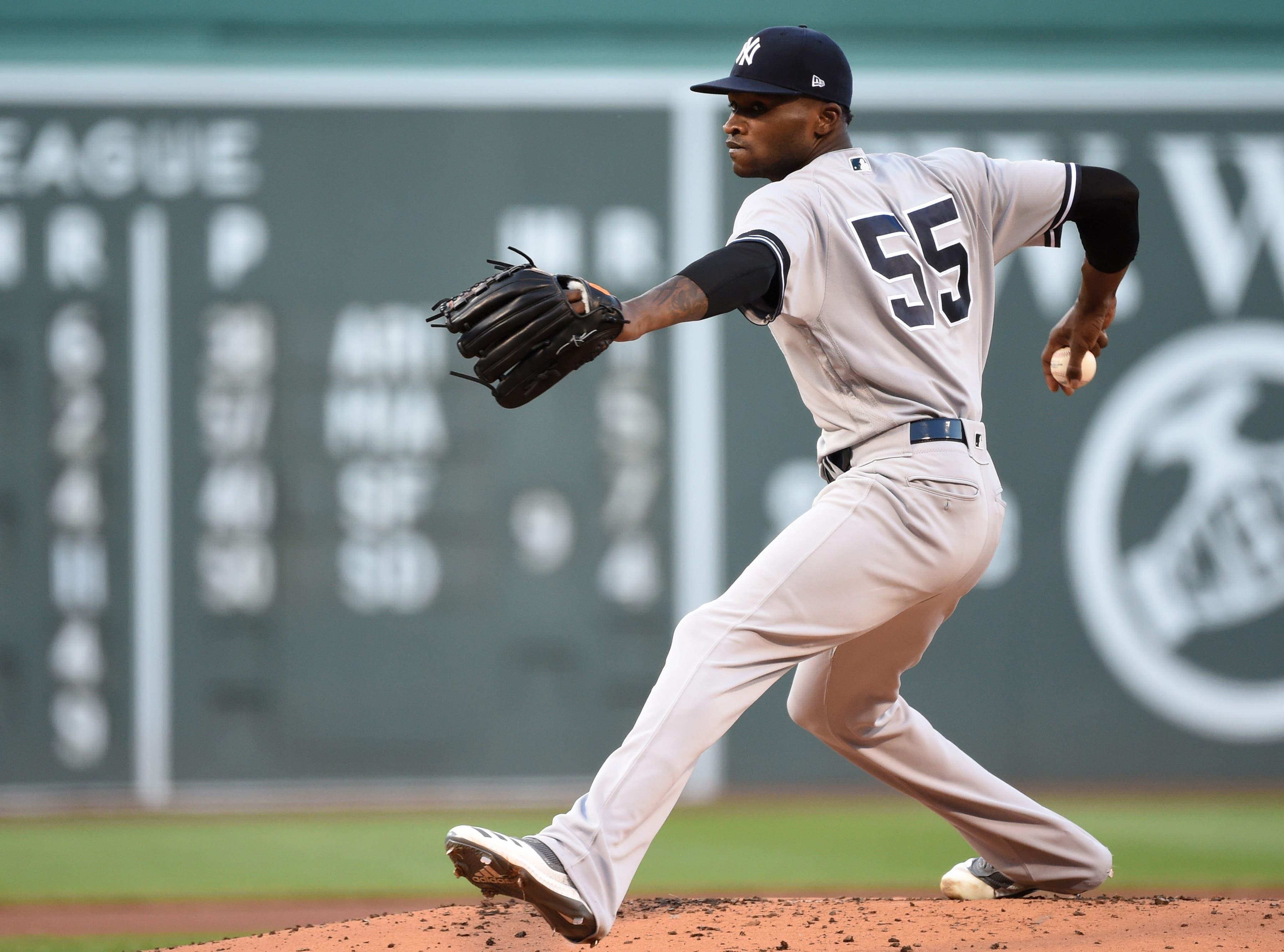 Jul 28, 2019; Boston, MA, USA; New York Yankees starting pitcher Domingo German (55) pitches during the first inning against the Boston Red Sox at Fenway Park. Mandatory Credit: Bob DeChiara-USA TODAY Sports / Bob DeChiara