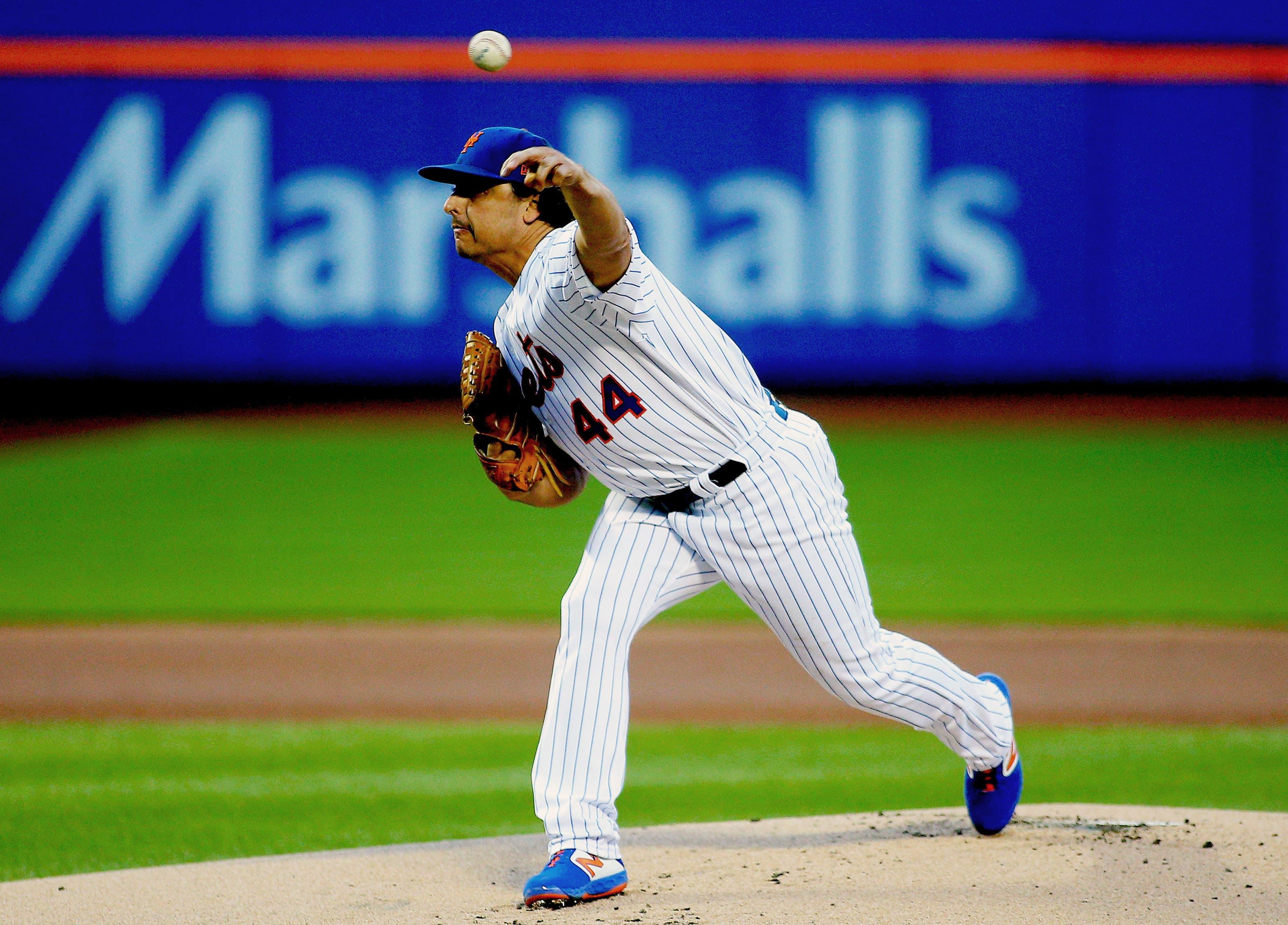 Apr 24, 2019; New York City, NY, USA; New York Mets starting pitcher Jason Vargas (44) pitches against the Philadelphia Phillies during the first inning at Citi Field. Mandatory Credit: Andy Marlin-USA TODAY Sports / Andy Marlin