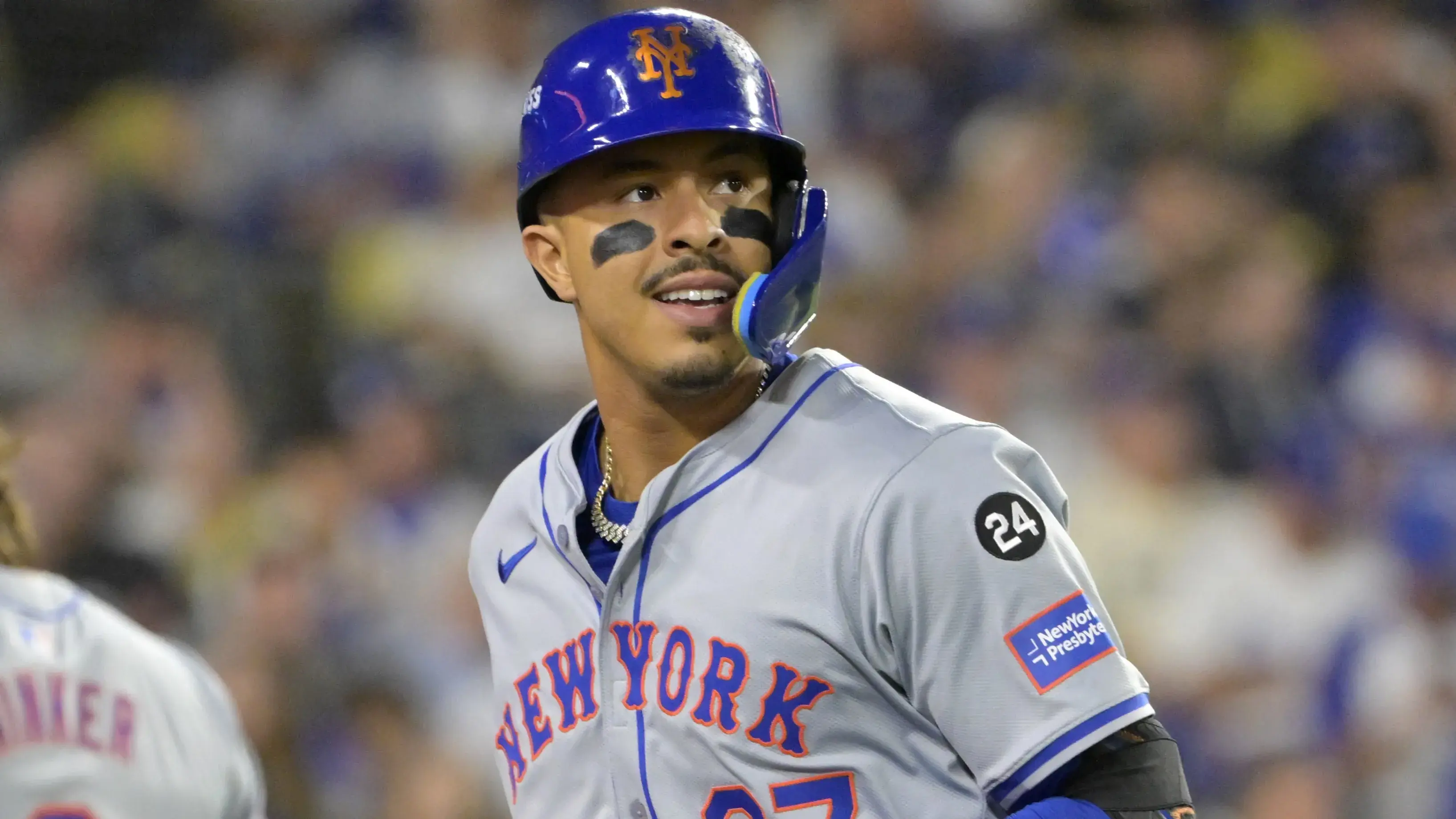 Oct 20, 2024; Los Angeles, California, USA; New York Mets third baseman Mark Vientos (27) celebrates after hitting a two run home run in the fourth inning against the Los Angeles Dodgers during game six of the NLCS for the 2024 MLB playoffs at Dodger Stadium. Mandatory Credit: Jayne Kamin-Oncea-Imagn Images / © Jayne Kamin-Oncea-Imagn Images