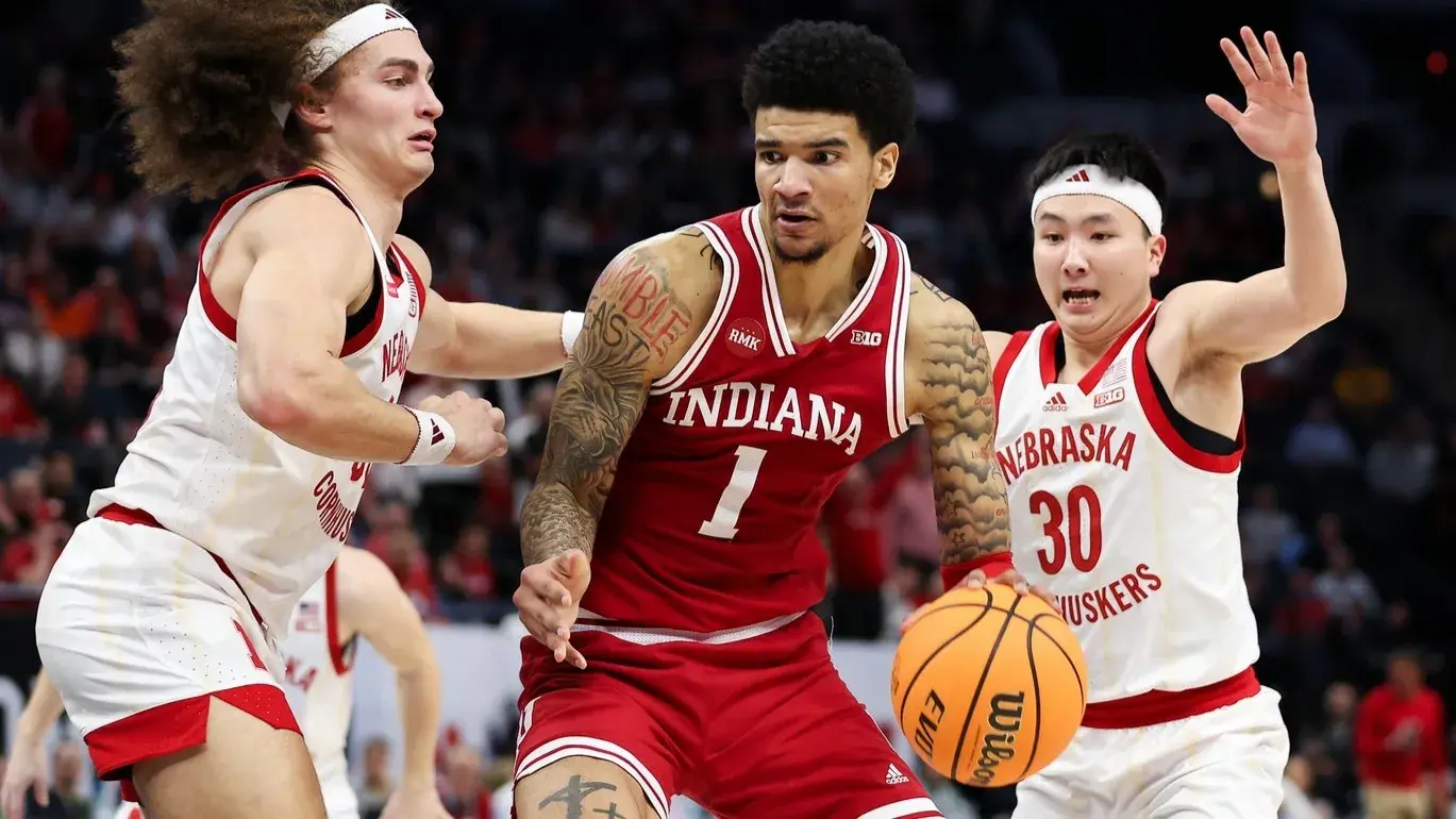 Mar 15, 2024; Minneapolis, MN, USA; Indiana Hoosiers center Kel'el Ware (1) works around Nebraska Cornhuskers forward Josiah Allick (53) during the second half at Target Center. / Matt Krohn-USA TODAY Sports