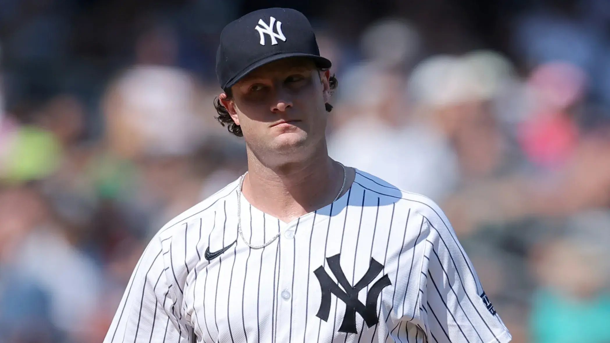 Sep 14, 2024; Bronx, New York, USA; New York Yankees starting pitcher Gerrit Cole (45) reacts during the fifth inning against the Boston Red Sox at Yankee Stadium. Mandatory Credit: Brad Penner-Imagn Images / © Brad Penner-Imagn Images