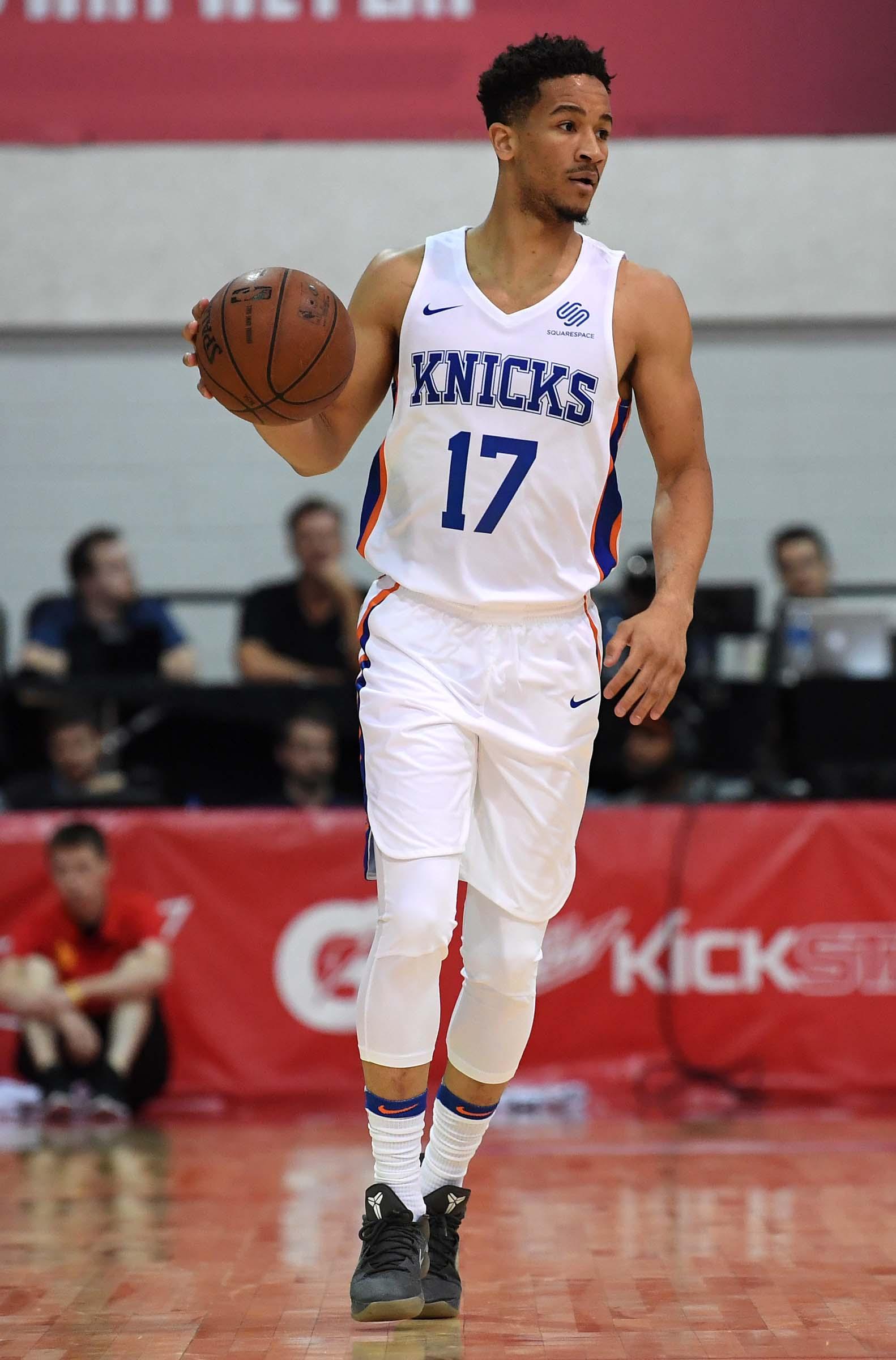 Jul 8, 2018; Las Vegas, NV, USA; New York Knicks guard Billy Garrett (17) dribbles during the first half against the Utah Jazz at Cox Pavilion. Mandatory Credit: Stephen R. Sylvanie-USA TODAY Sports / Stephen R. Sylvanie