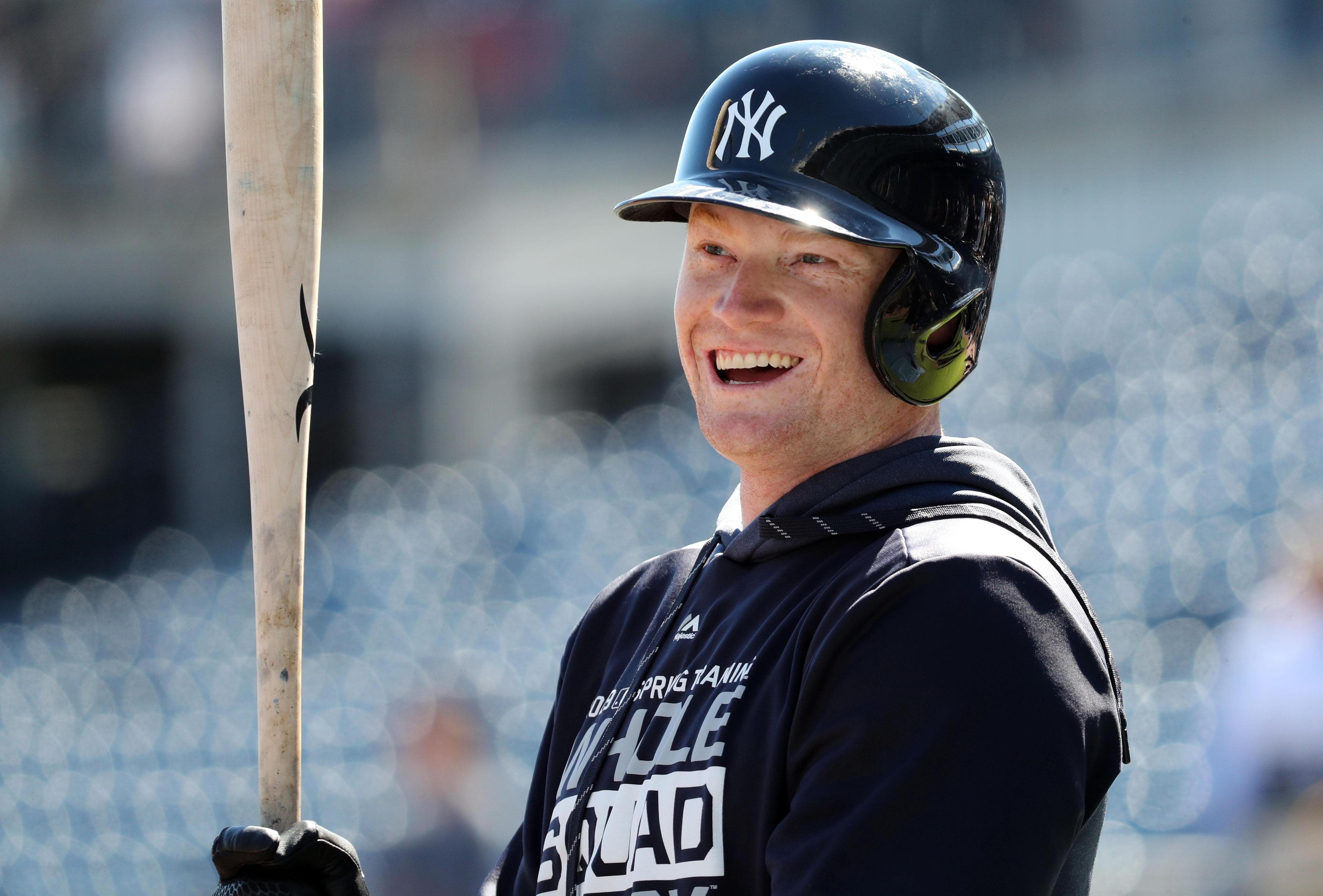 Mar 6, 2019; Tampa, FL, USA; New York Yankees left fielder Clint Frazier (77) smiles as he works out prior to the game against the St. Louis Cardinals at George M. Steinbrenner Field. Mandatory Credit: Kim Klement-USA TODAY Sports / Kim Klement