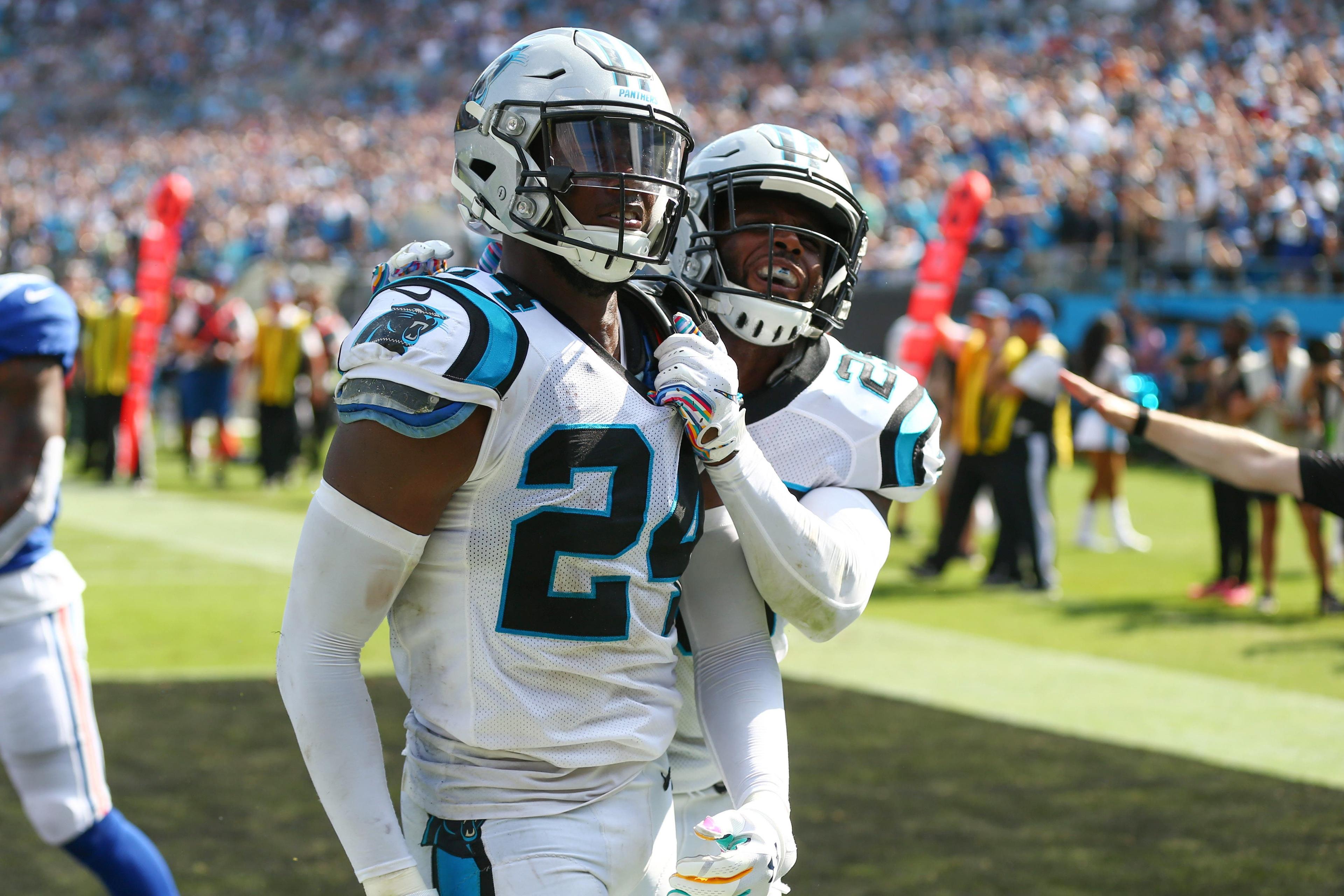 Oct 7, 2018; Charlotte, NC, USA; Carolina Panthers cornerback James Bradberry (24) reacts to a pass break up in the third quarter against the New York Giants at Bank of America Stadium. Mandatory Credit: Jeremy Brevard-USA TODAY Sports / Jeremy Brevard