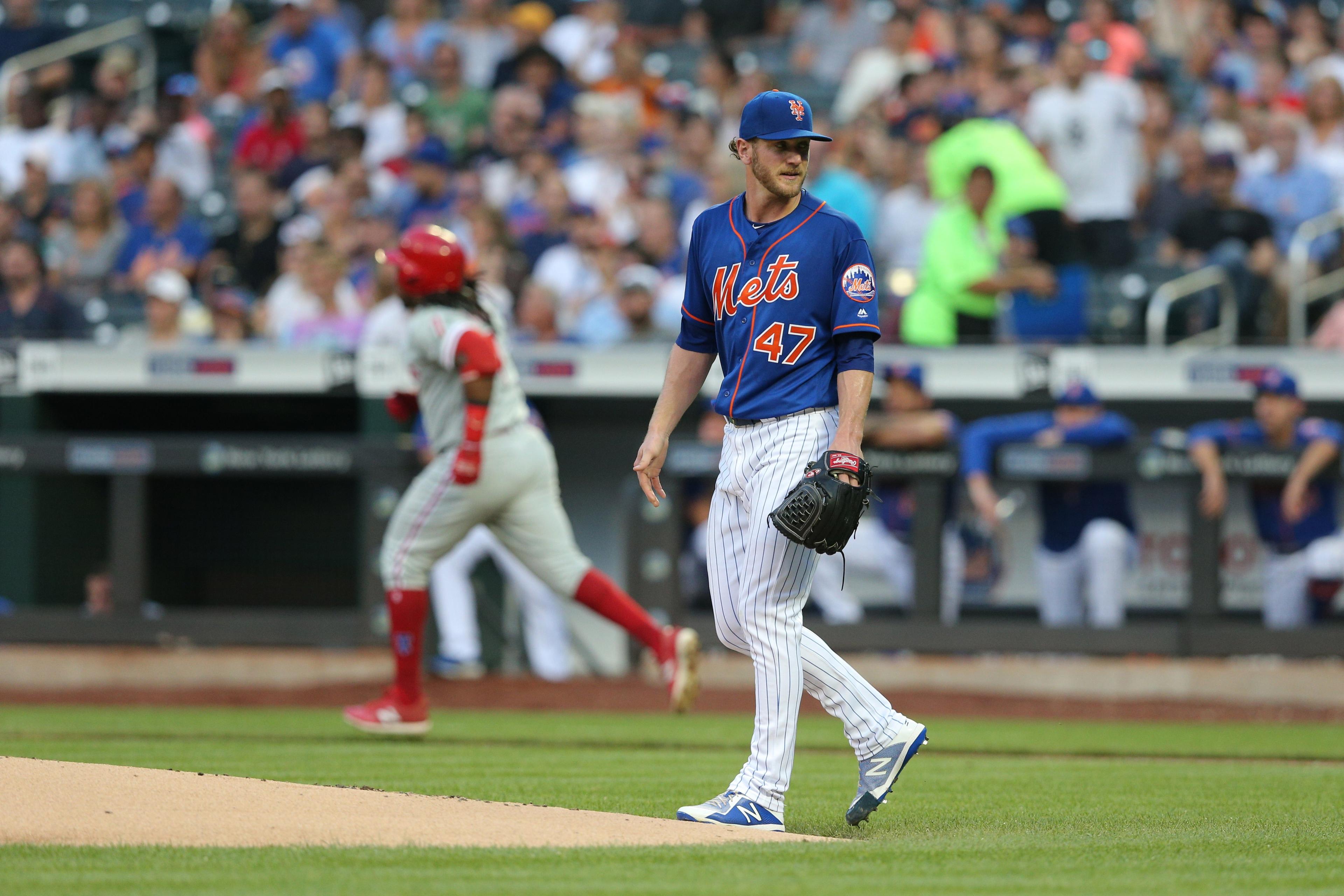 Jul 10, 2018; New York City, NY, USA; New York Mets starting pitcher Drew Gagnon (47) reacts after allowing a three run home run to Philadelphia Phillies third baseman Maikel Franco (7) during the second inning at Citi Field. Mandatory Credit: Brad Penner-USA TODAY Sports