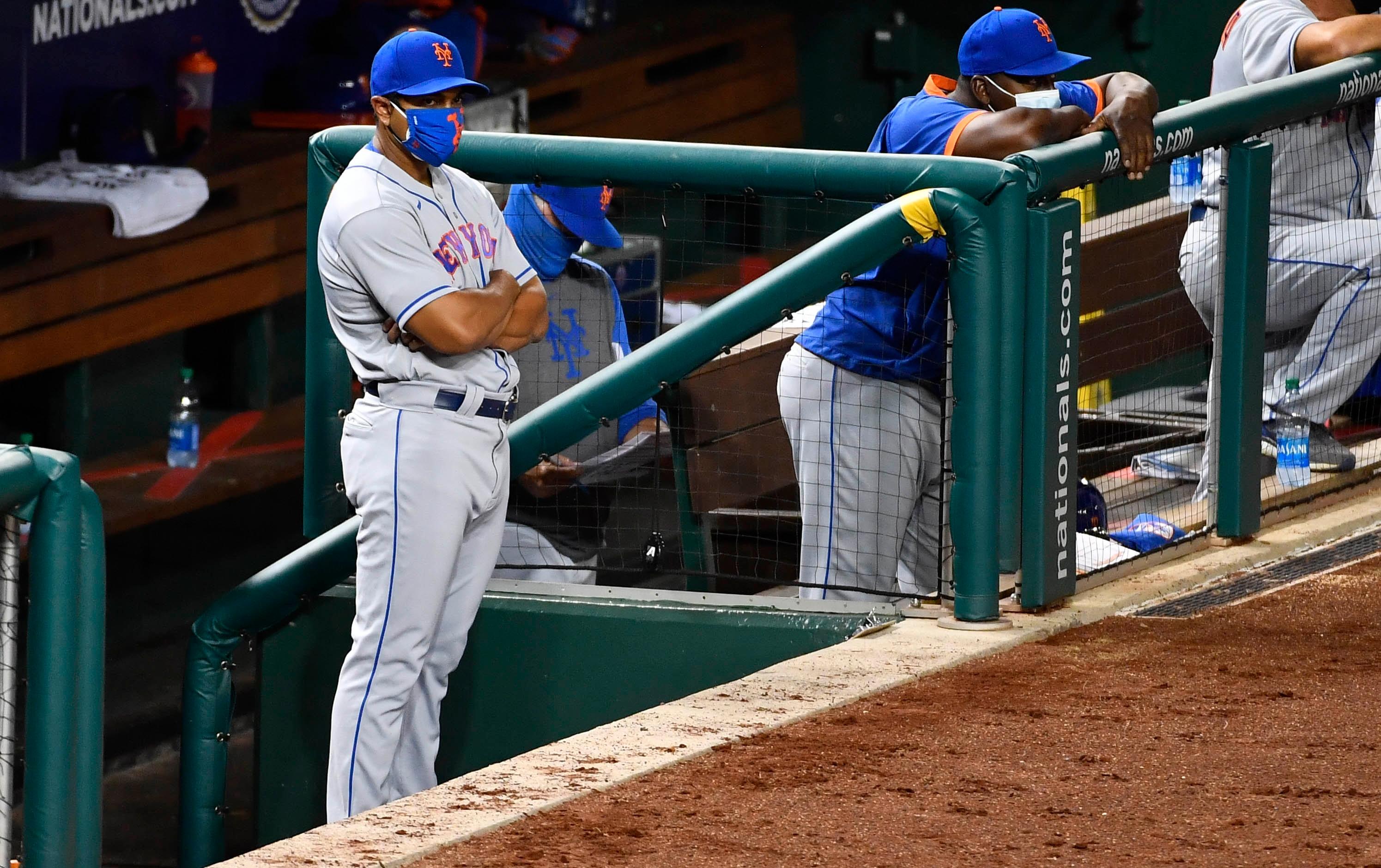 Aug 4, 2020; Washington, District of Columbia, USA; New York Mets manager Luis Rojas (19) looks on against the Washington Nationals during the fifth inning at Nationals Park. Mandatory Credit: Brad Mills-USA TODAY Sports / Brad Mills-USA TODAY Sports