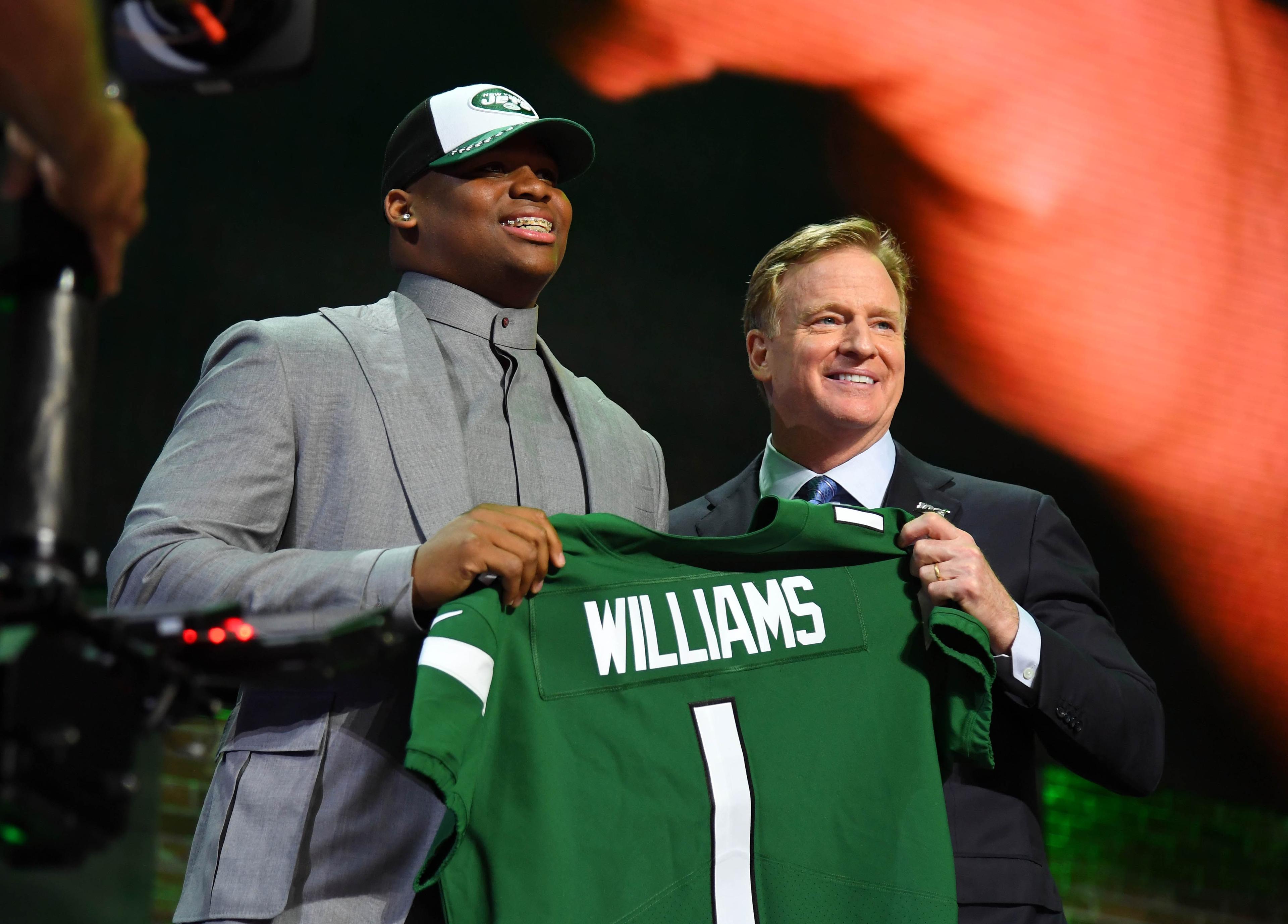 Apr 25, 2019; Nashville, TN, USA; Quinnen Williams (Alabama) stands with NFL commissioner Roger Goodell after he was selected as the number three overall pick to the New York Jets in the first round of the 2019 NFL Draft in Downtown Nashville. Mandatory Credit: Christopher Hanewinckel-USA TODAY Sports / Christopher Hanewinckel