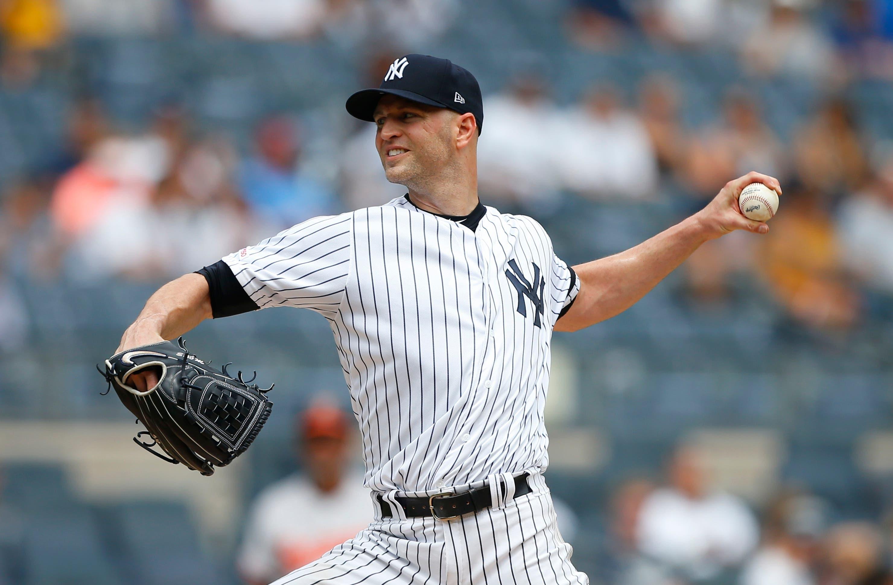 Aug 14, 2019; Bronx, NY, USA; New York Yankees starting pitcher J.A. Happ (34) pitches against the Baltimore Orioles in the first inning at Yankee Stadium. Mandatory Credit: Noah K. Murray-USA TODAY Sports / Noah K. Murray