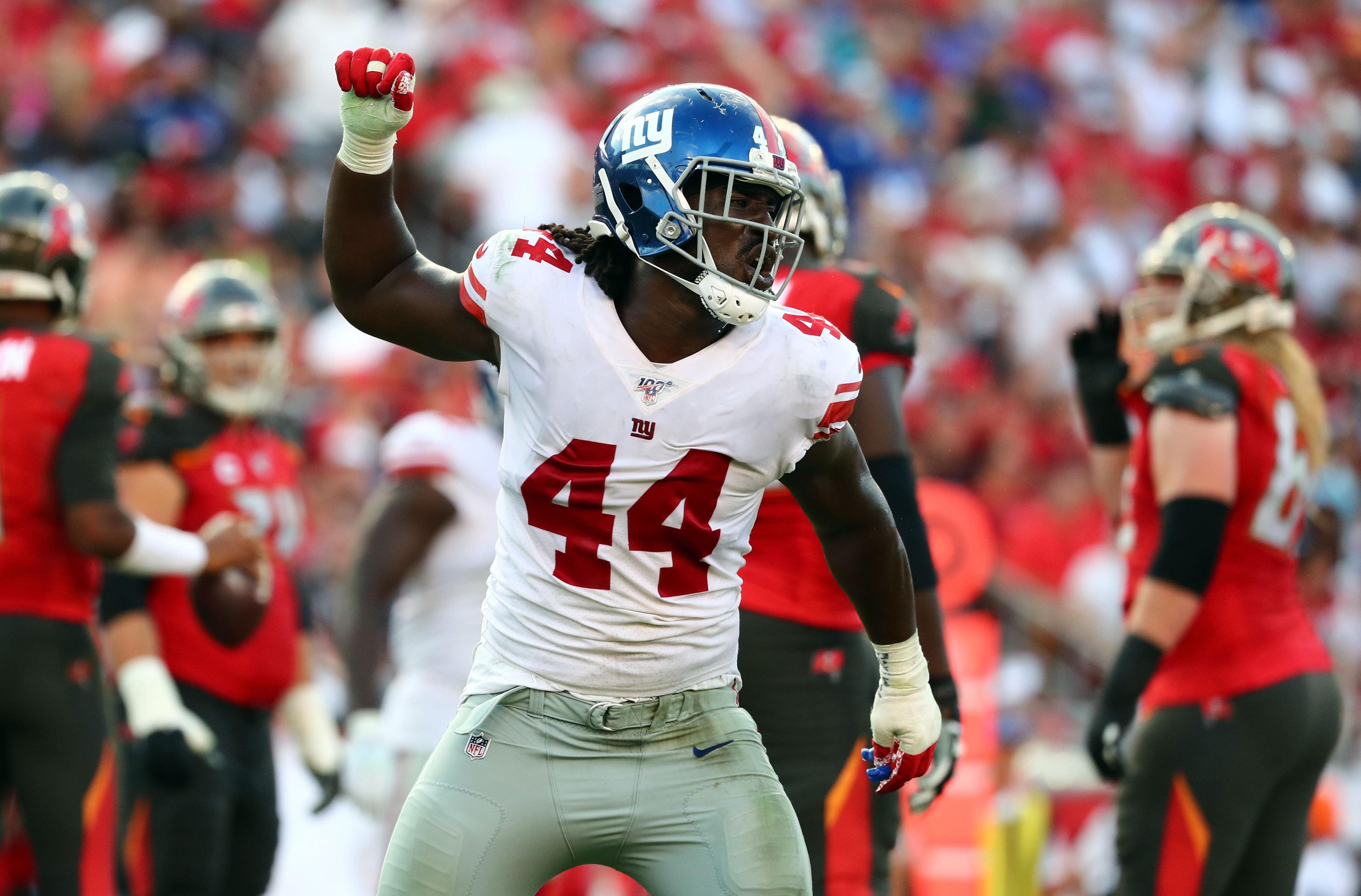 Sep 22, 2019; Tampa, FL, USA; New York Giants linebacker Markus Golden (44) reacts during the second half at Raymond James Stadium. Mandatory Credit: Kim Klement-USA TODAY Sports / Kim Klement