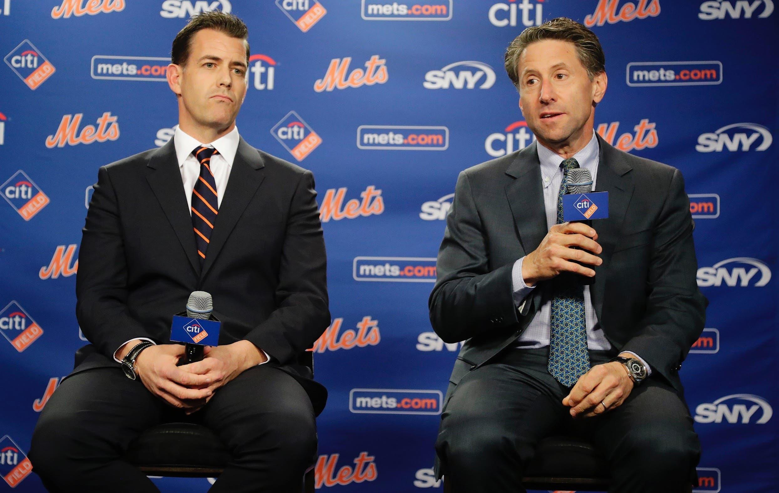 New York Mets COO Jeff Wilpon, right, responds to questions during a news conference to announce Brodie Van Wagenen as the Mets' new General Manager Tuesday, Oct. 30, 2018, in New York. (AP Photo/Frank Franklin II) / Frank Franklin II/AP