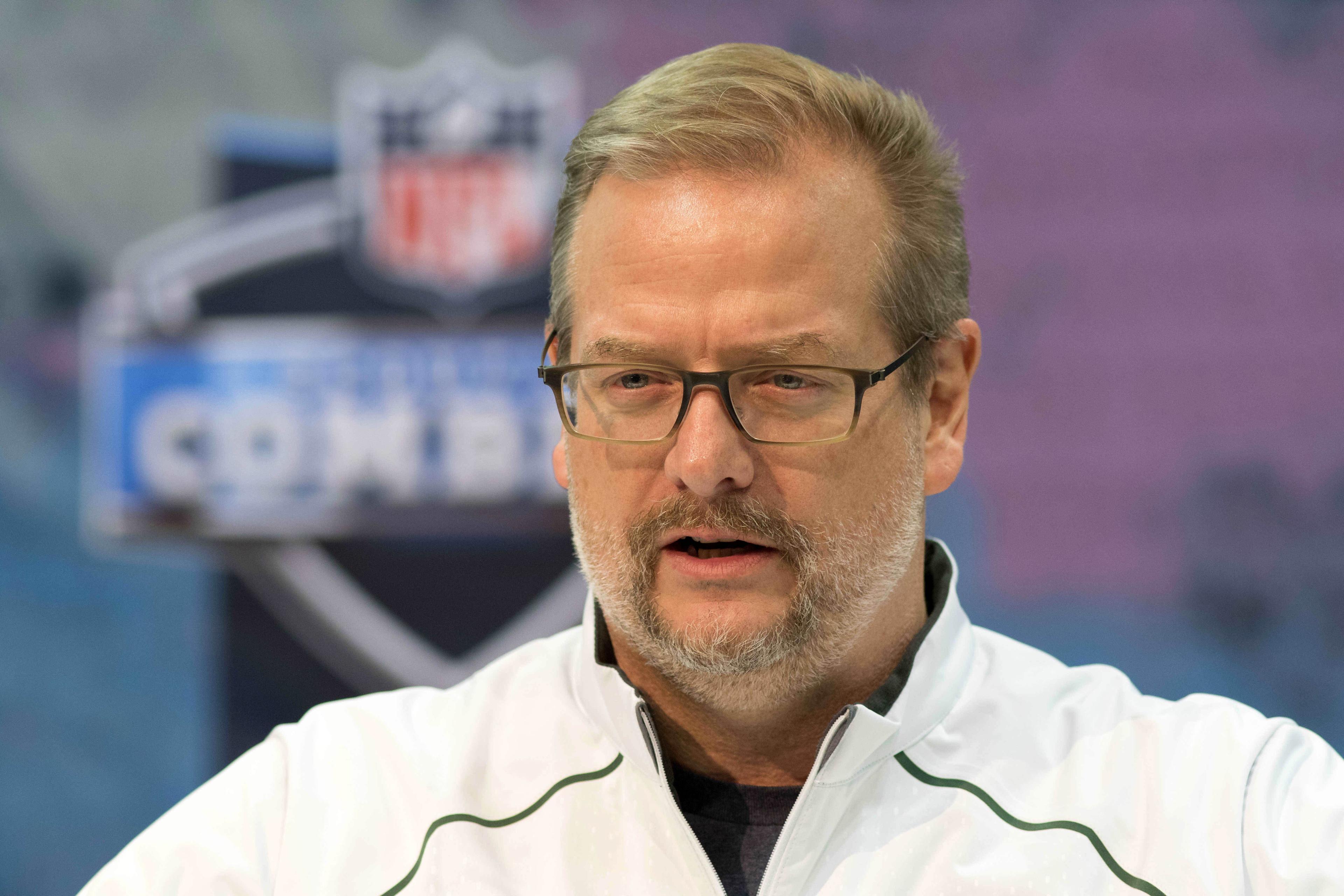 Feb 27, 2019; Indianapolis, IN, USA; New York Jets general manager Mike Maccagnan speaks to media during the 2019 NFL Combine at Indianapolis Convention Center. Mandatory Credit: Trevor Ruszkowski-USA TODAY Sports / Trevor Ruszkowski