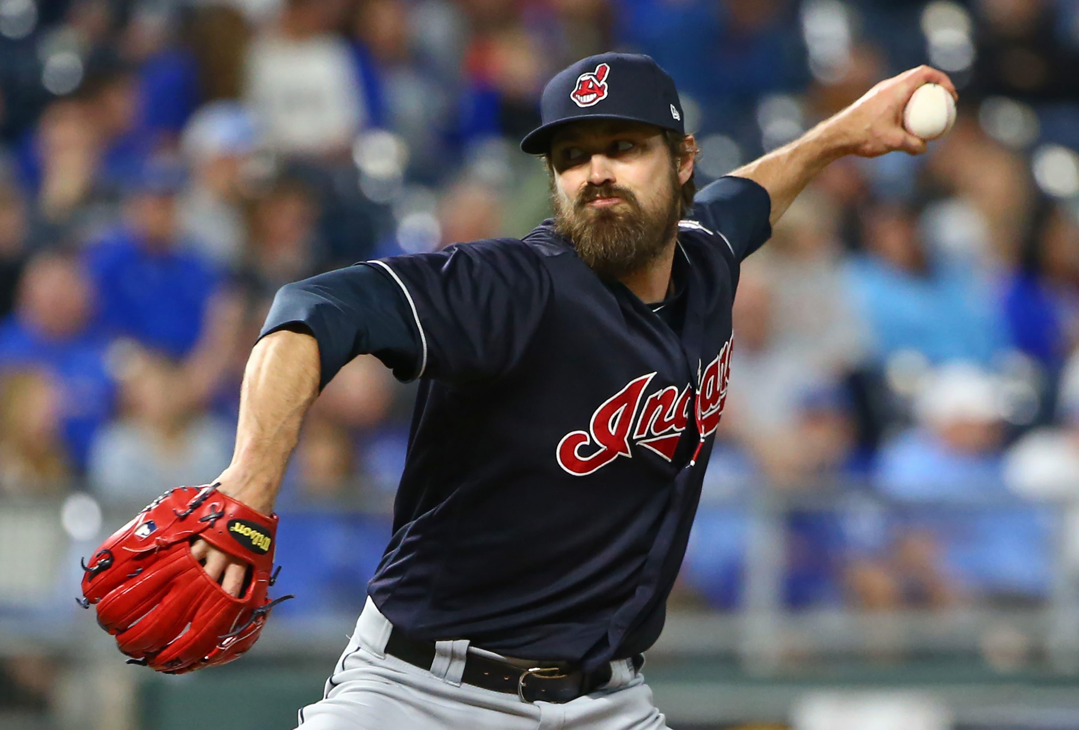 Sep 27, 2018; Kansas City, MO, USA; Cleveland Indians relief pitcher Andrew Miller (24) pitches against the Kansas City Royals in the fifth inning at Kauffman Stadium. Mandatory Credit: Jay Biggerstaff-USA TODAY Sports / Jay Biggerstaff