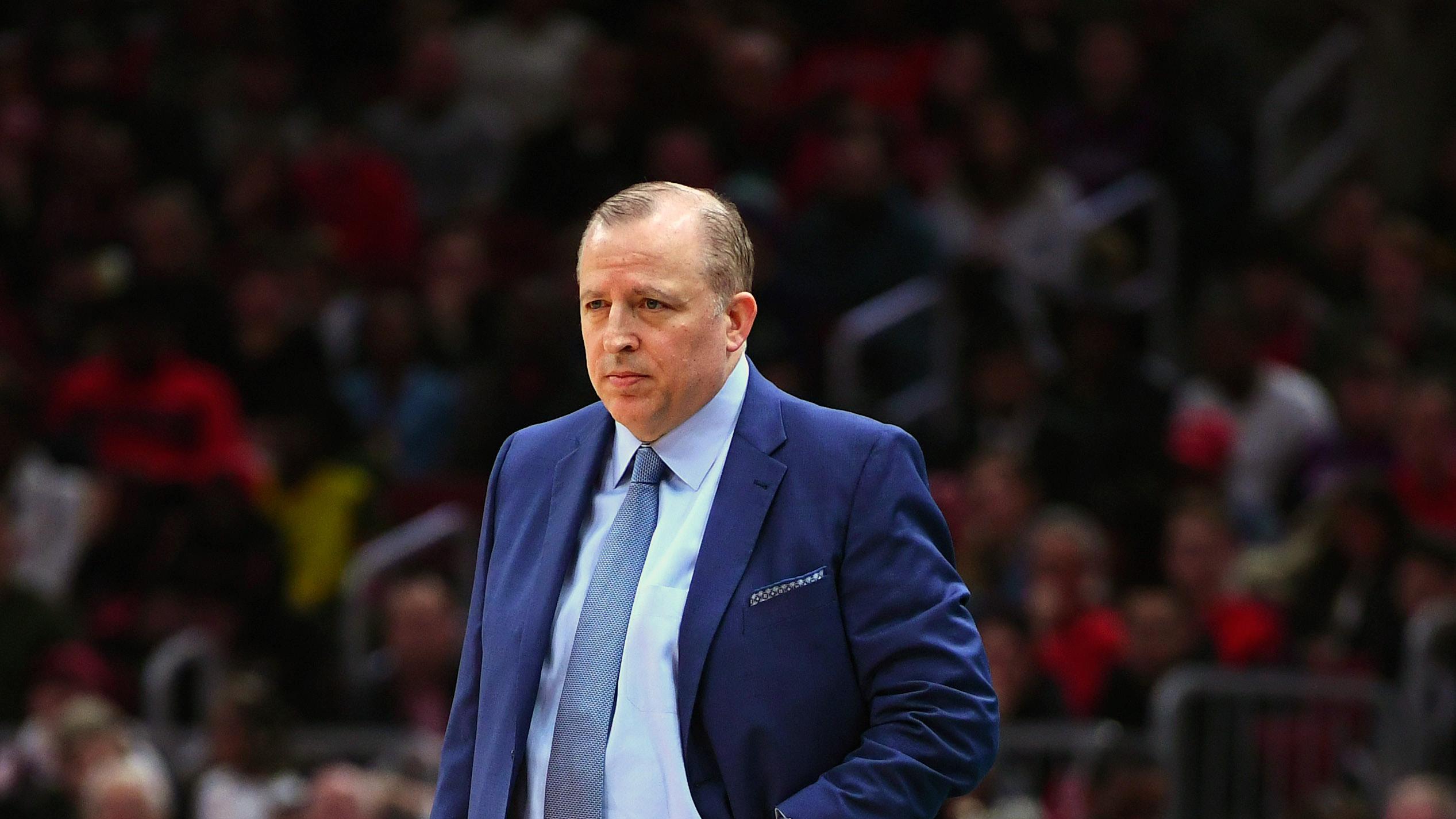 Tom Thibodeau looks on during game in blue suit / Mike Dinovo/USA TODAY