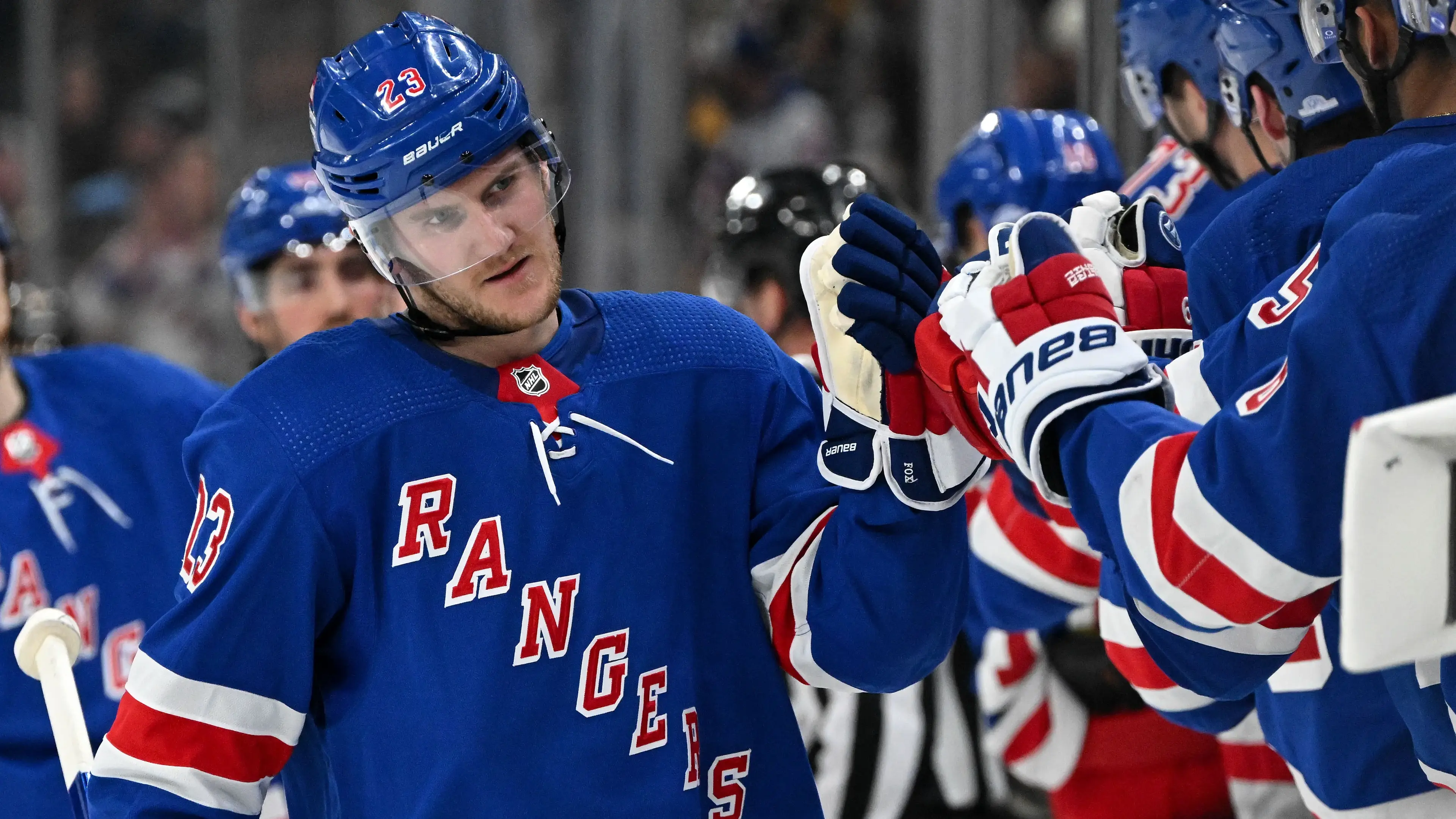 New York Rangers defenseman Adam Fox (23) reacts after scoring a goal against the Boston Bruins during the third period at the TD Garden / Brian Fluharty - USA TODAY Sports