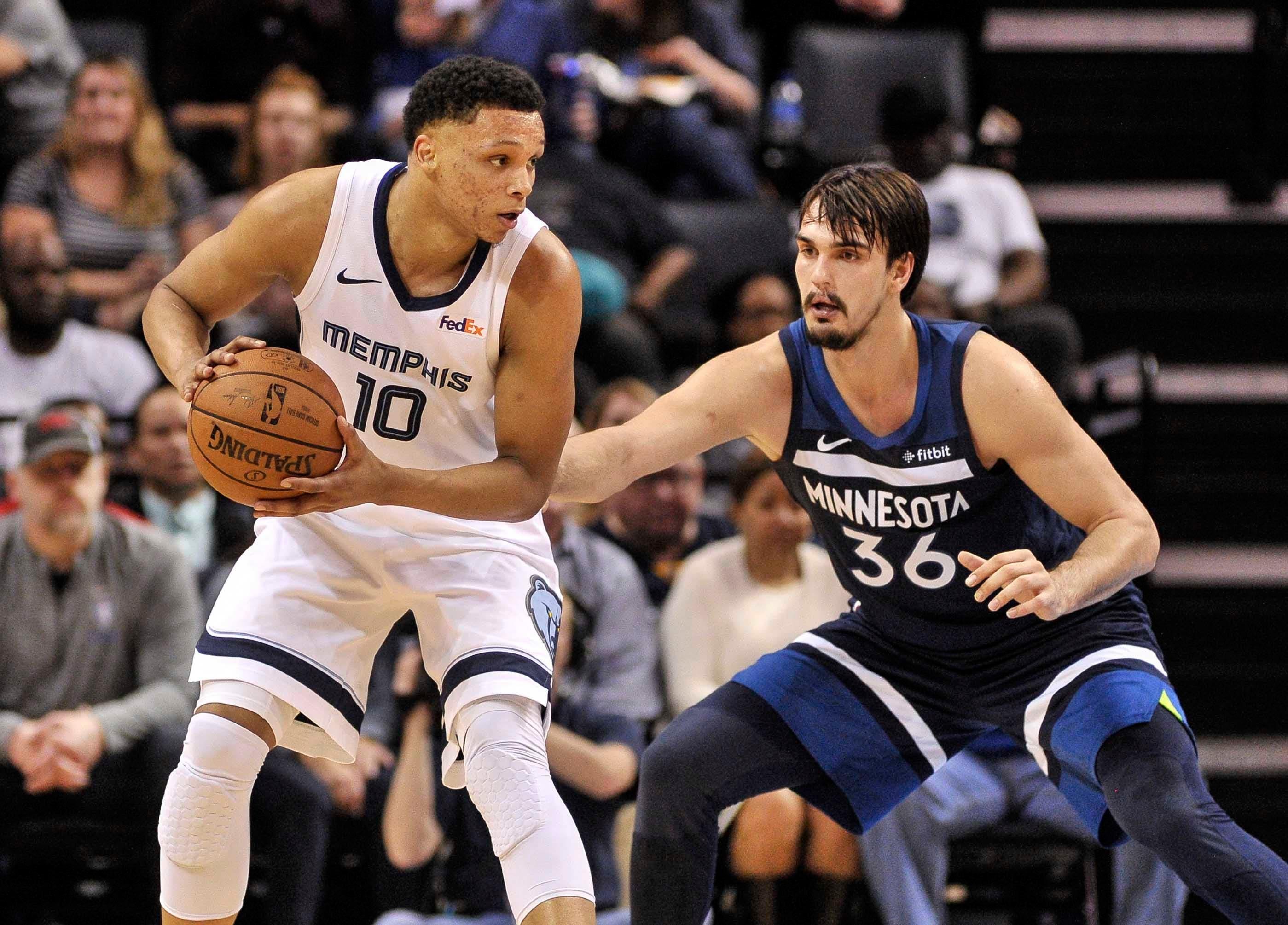 Feb 5, 2019; Memphis, TN, USA; Memphis Grizzlies forward Ivan Rabb (10) handles the ball against Minnesota Timberwolves forward Dario Saric (36) during the first half at FedExForum. Mandatory Credit: Justin Ford-USA TODAY Sports / Justin Ford