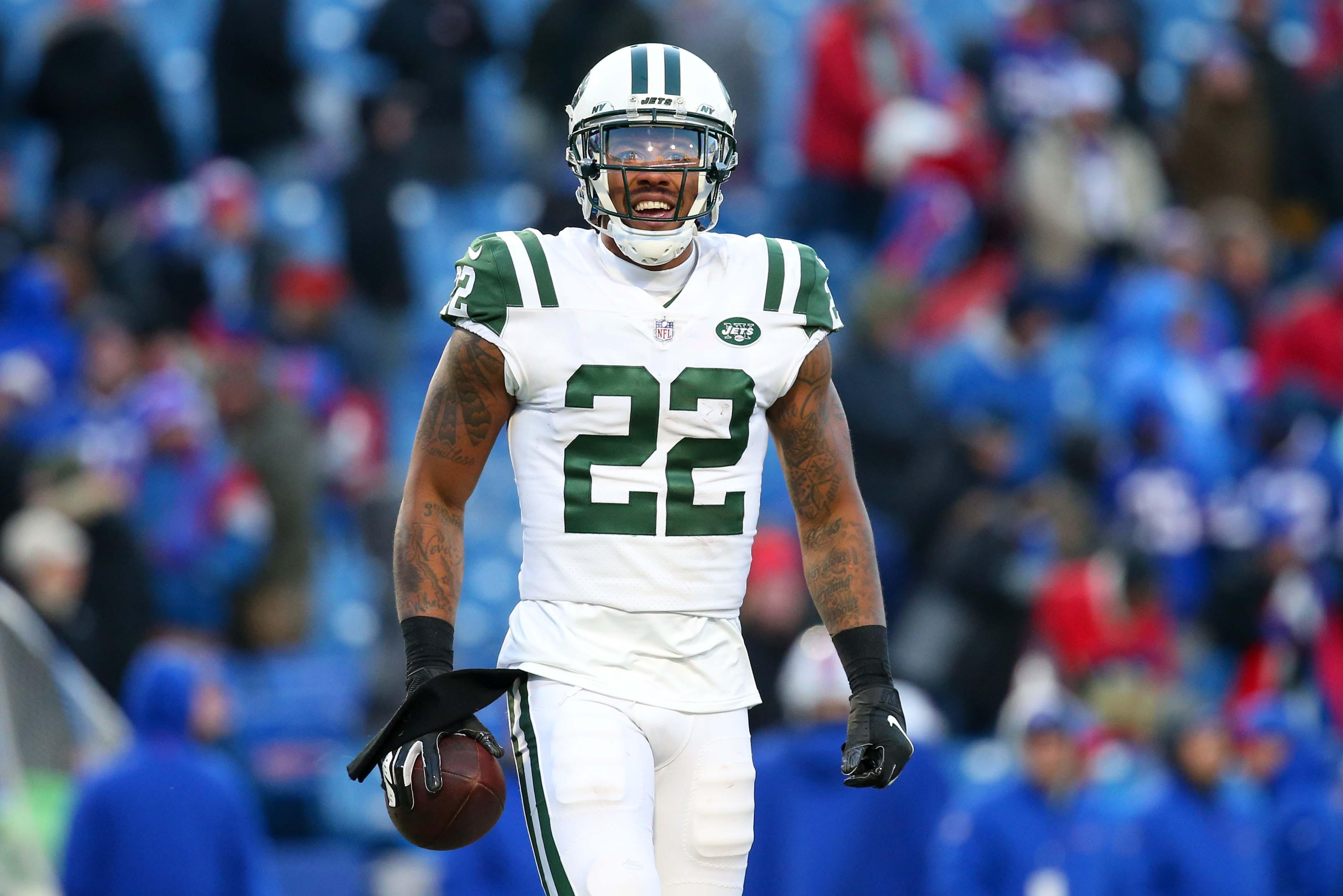 Dec 9, 2018; Orchard Park, NY, USA; New York Jets cornerback Trumaine Johnson (22) reacts to his interception against the Buffalo Bills during the fourth quarter at New Era Field. Mandatory Credit: Rich Barnes-USA TODAY Sports / Rich Barnes