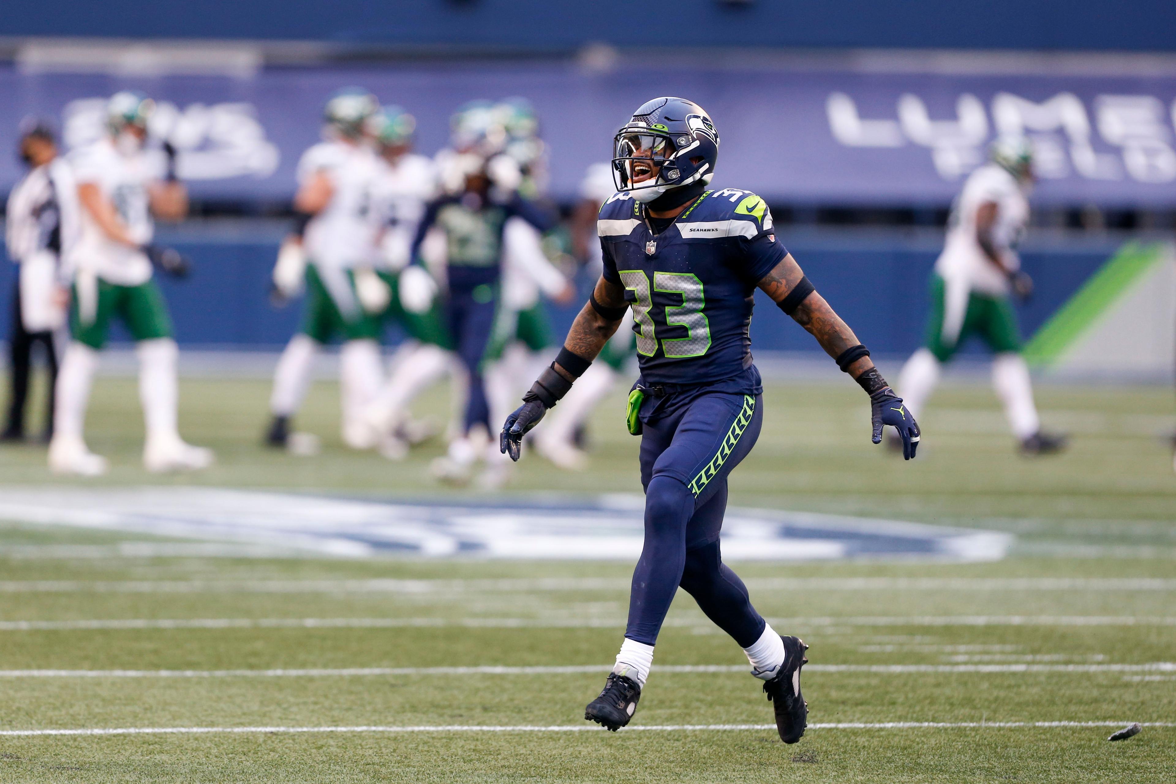 Dec 13, 2020; Seattle, Washington, USA; Seattle Seahawks strong safety Jamal Adams (33) reacts following the a missed field goal attempt by the New York Jets during the second quarter at Lumen Field. Mandatory Credit: Joe Nicholson-USA TODAY Sports / © Joe Nicholson-USA TODAY Sports