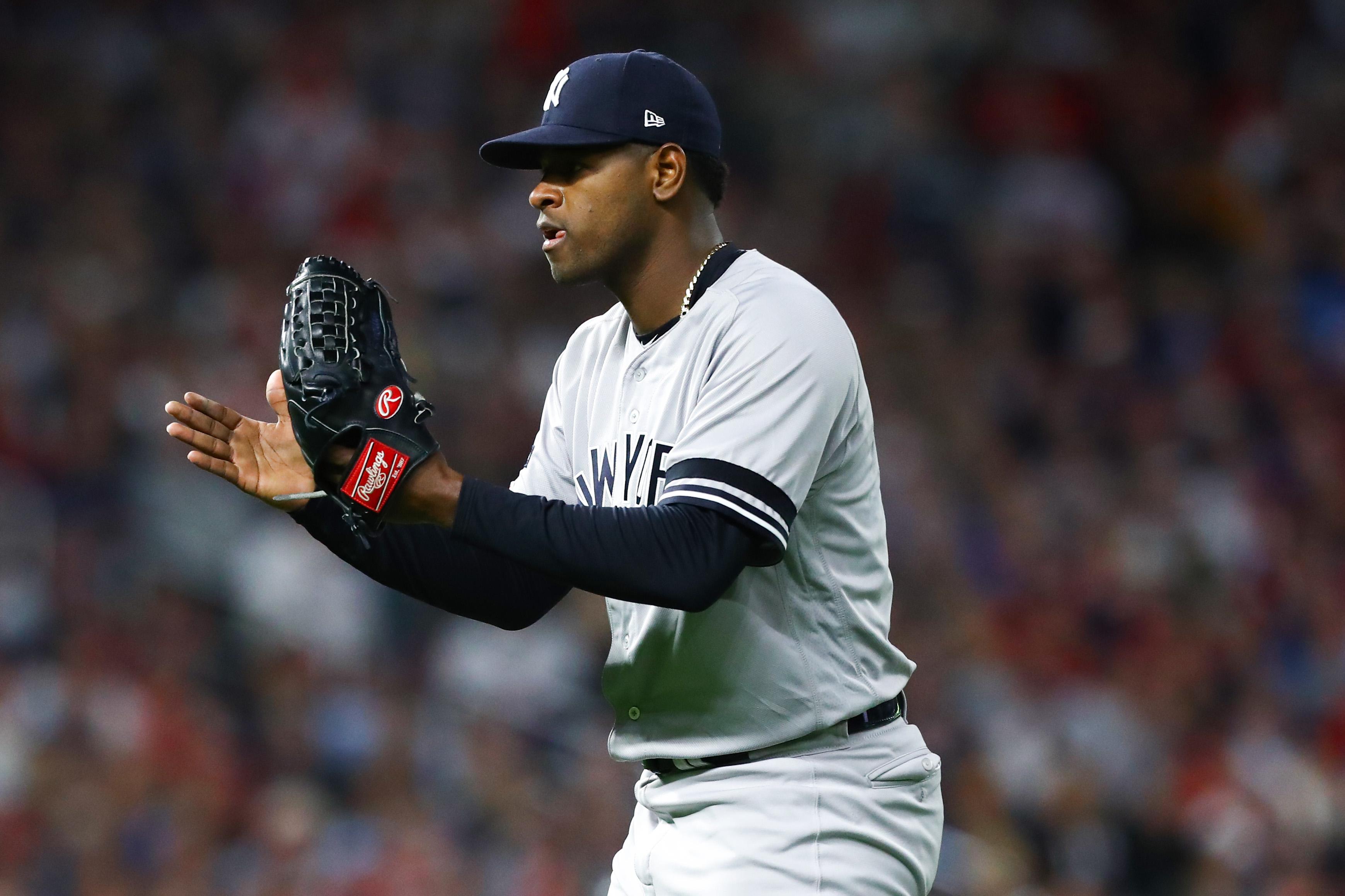 Oct 7, 2019; Minneapolis, MN, USA; New York Yankees starting pitcher Luis Severino (40) reacts after an out during the fourth inning of game three of the 2019 ALDS playoff baseball series against the Minnesota Twins at Target Field. Mandatory Credit: David Berding-USA TODAY Sports