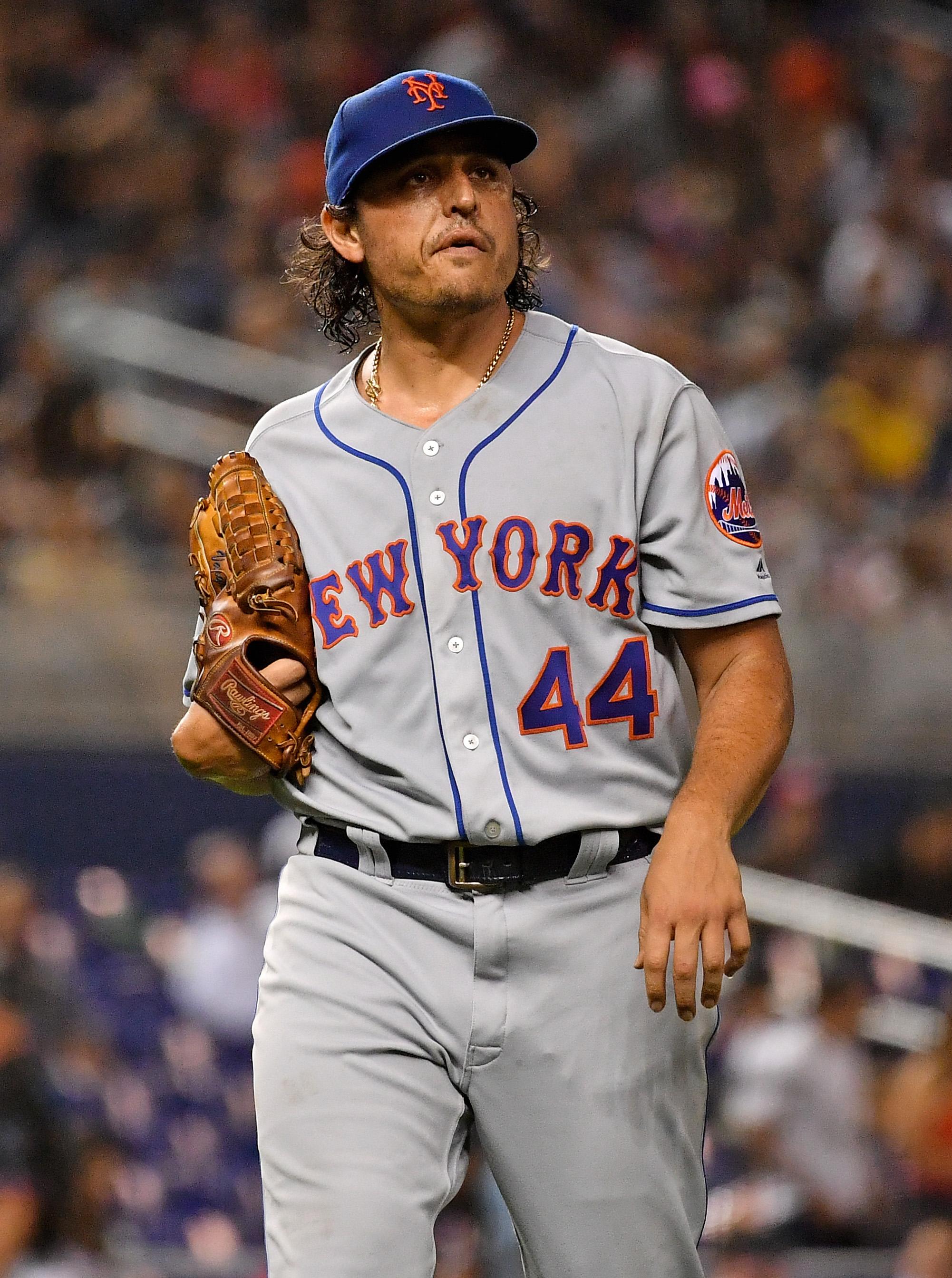 Jul 12, 2019; Miami, FL, USA; New York Mets starting pitcher Jason Vargas (44) walks off the field after the third inning against the Miami Marlins at Marlins Park. Mandatory Credit: Jasen Vinlove-USA TODAY Sports