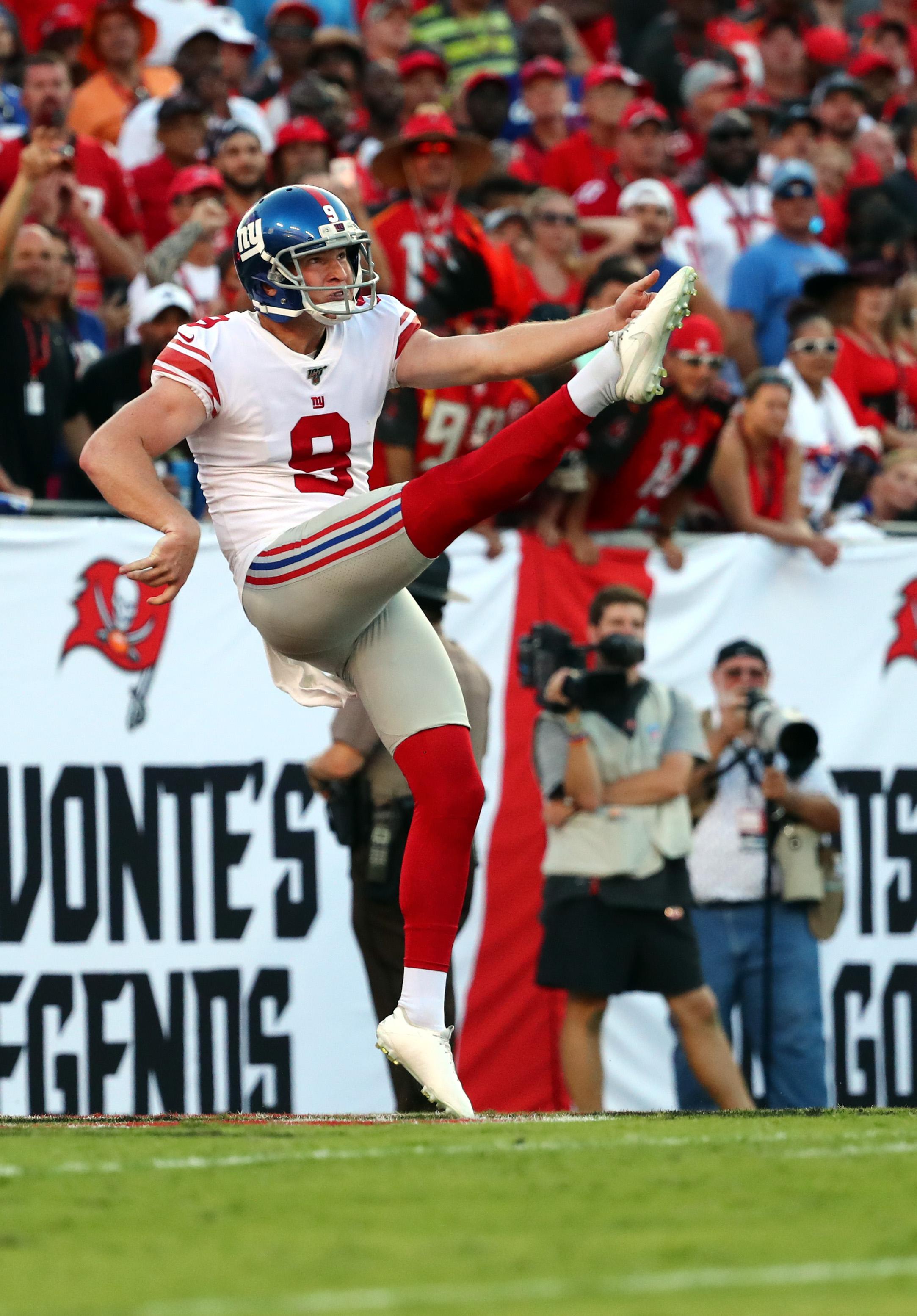 Sep 22, 2019; Tampa, FL, USA; New York Giants punter Riley Dixon (9) punts the ball during the second half at Raymond James Stadium. Mandatory Credit: Kim Klement-USA TODAY Sports