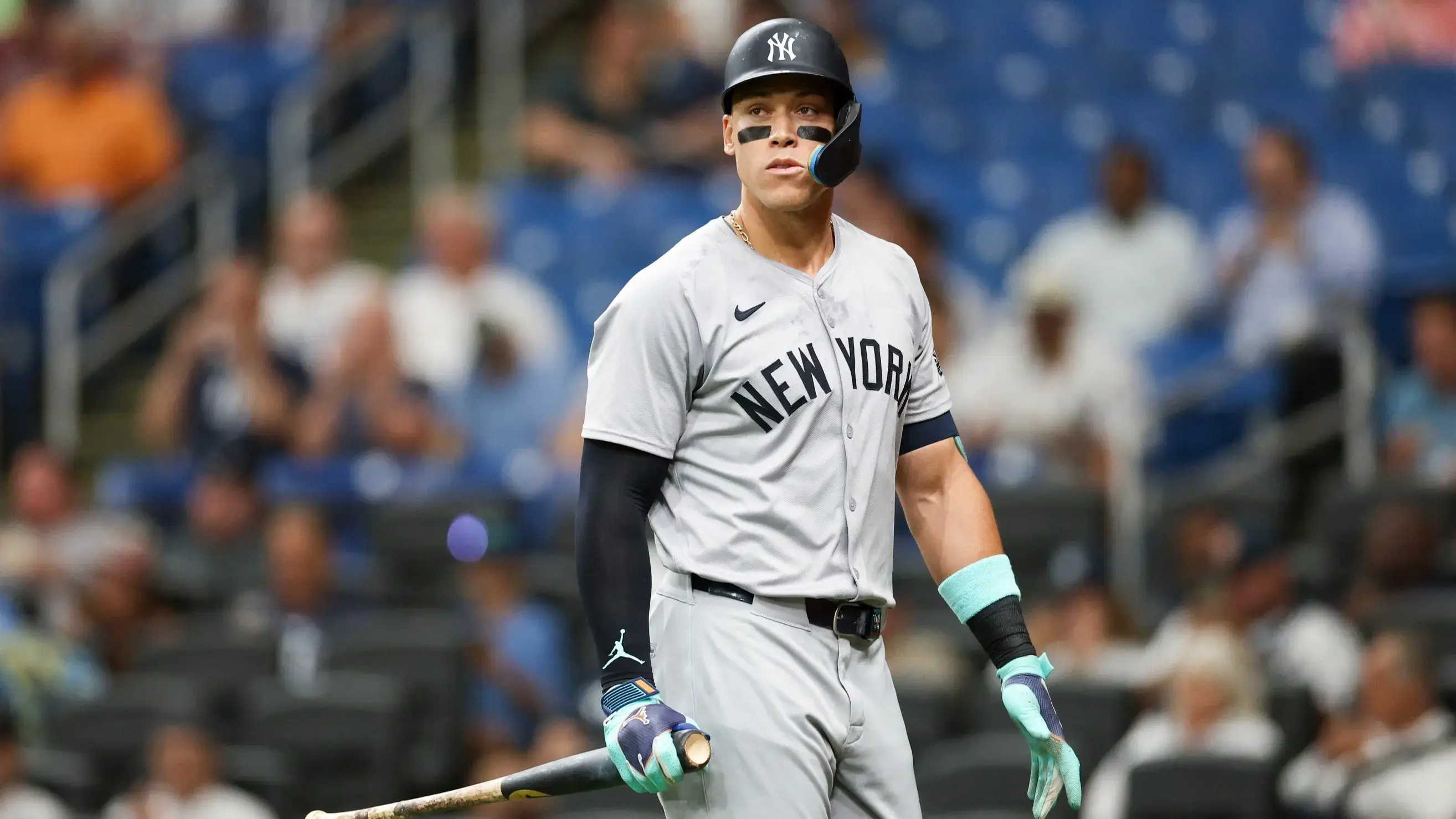 Jul 10, 2024; St. Petersburg, Florida, USA; New York Yankees designated hitter Aaron Judge (99) reacts after striking out against the Tampa Bay Rays in the first inning at Tropicana Field. 