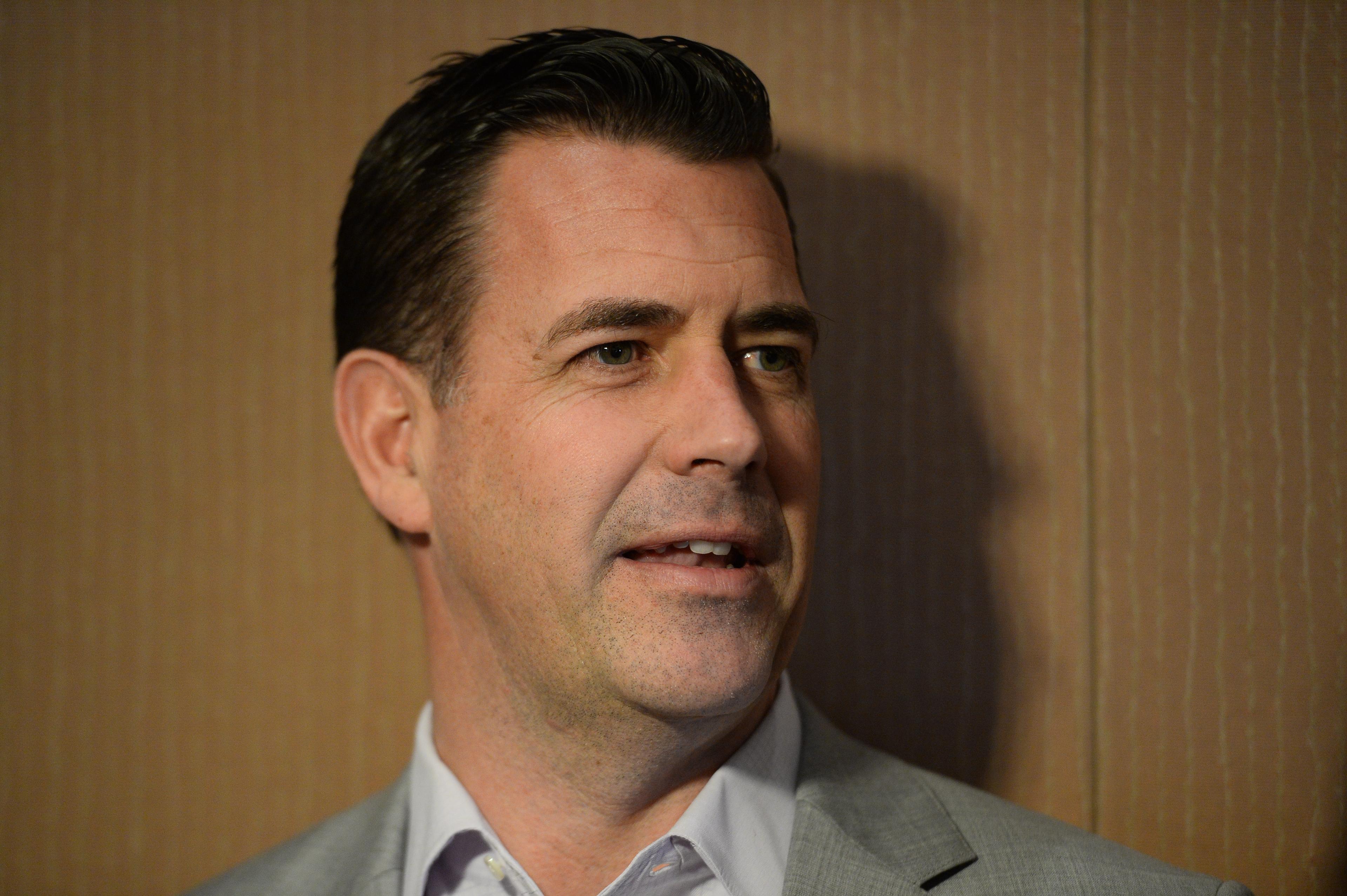 Nov 13, 2019; Scottsdale, AZ, USA; New York Mets general manager Brodie Van Wagenen speaks with members of the media during general managers meetings at the Omni Scottsdale Resort & Spa at Montelucia Mandatory Credit: Joe Camporeale-USA TODAY Sports