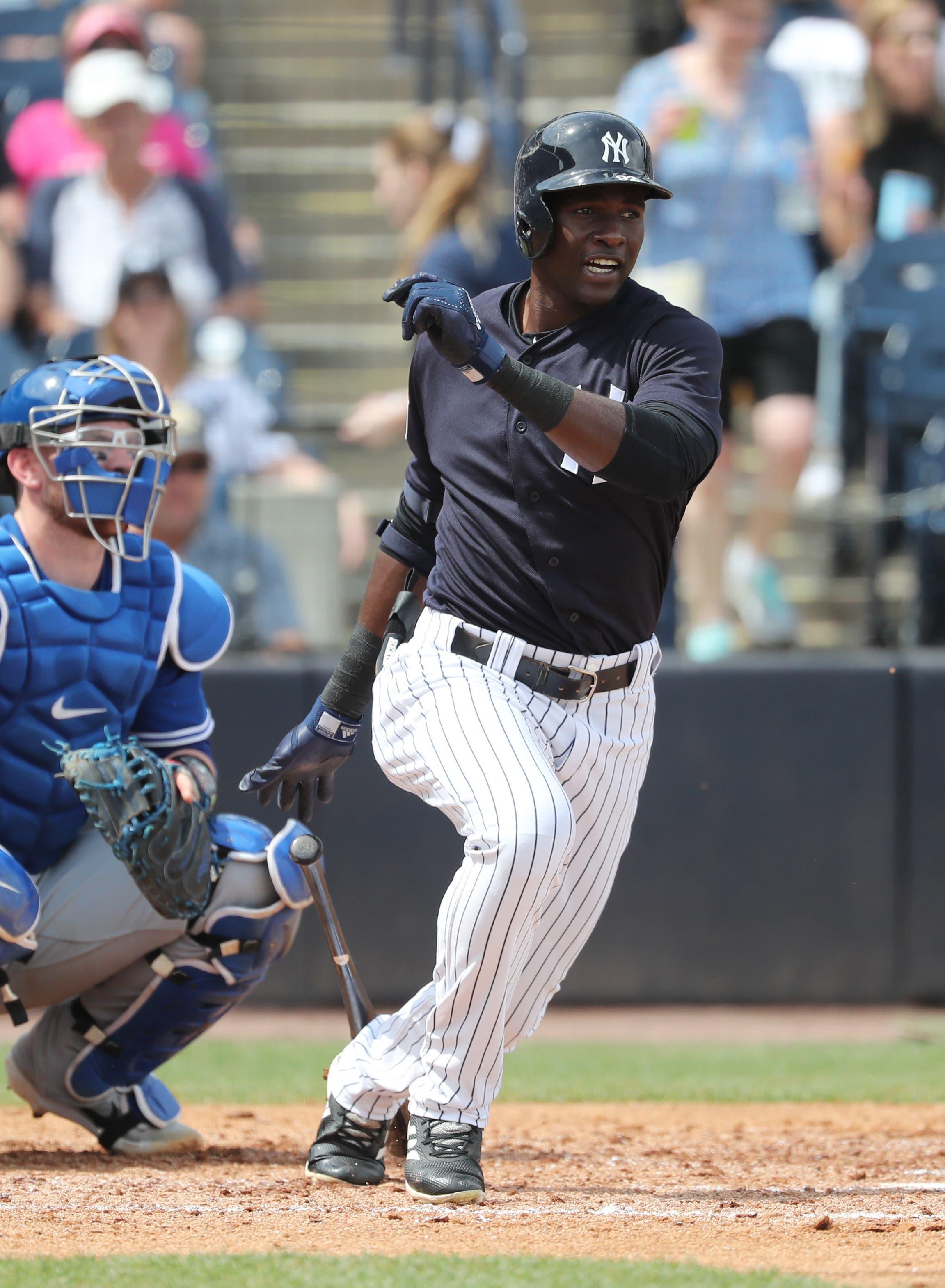 Mar 16, 2019; Tampa, FL, USA; New York Yankees center fielder Estevan Florial (92) singles during the fourth inning against the Toronto Blue Jays at George M. Steinbrenner Field. Mandatory Credit: Kim Klement-USA TODAY Sports / Kim Klement