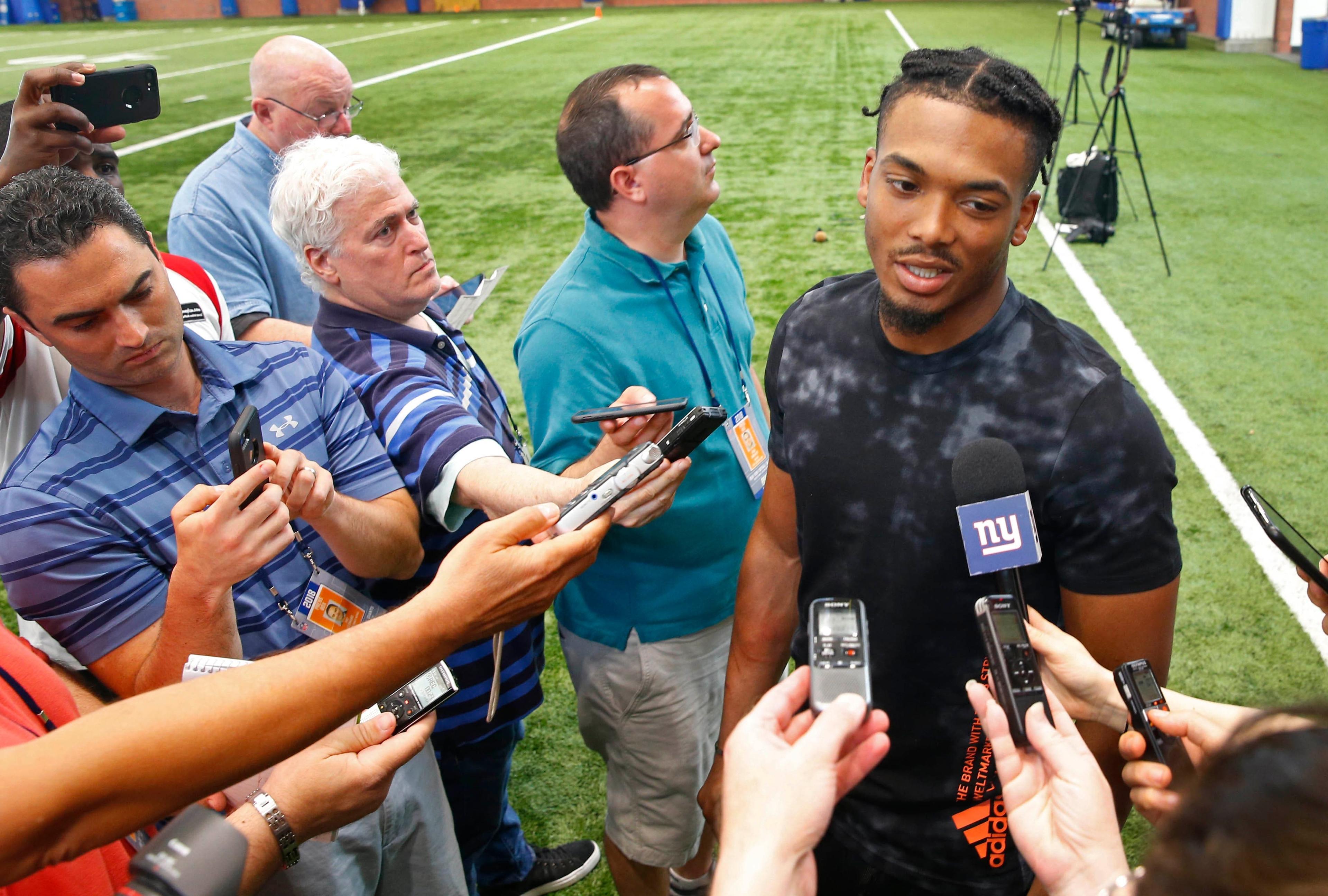 May 20, 2019; East Rutherford, NJ, USA; New York Giants corner back Sam Beal answers questions from media during organized team activities at Quest Diagnostic Training Center. Mandatory Credit: Noah K. Murray-USA TODAY Sports / Noah K. Murray