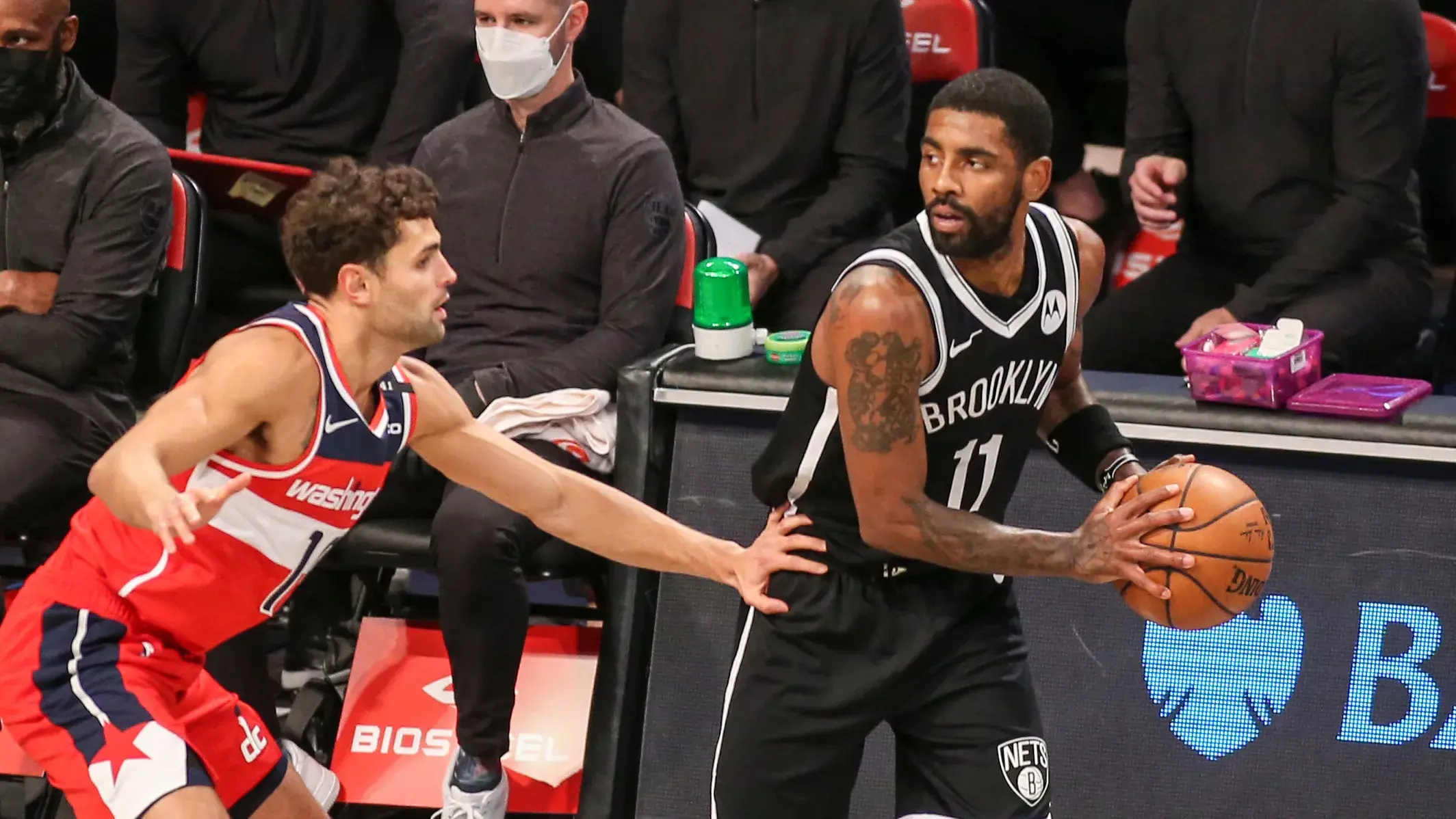 Dec 13, 2020; Brooklyn, New York, USA; Brooklyn Nets guard Kyrie Irving (11) looks to make a pass in the first quarter against the Washington Wizards at Barclays Center. Mandatory Credit: Wendell Cruz-USA TODAY Sports / © Wendell Cruz-USA TODAY Sports