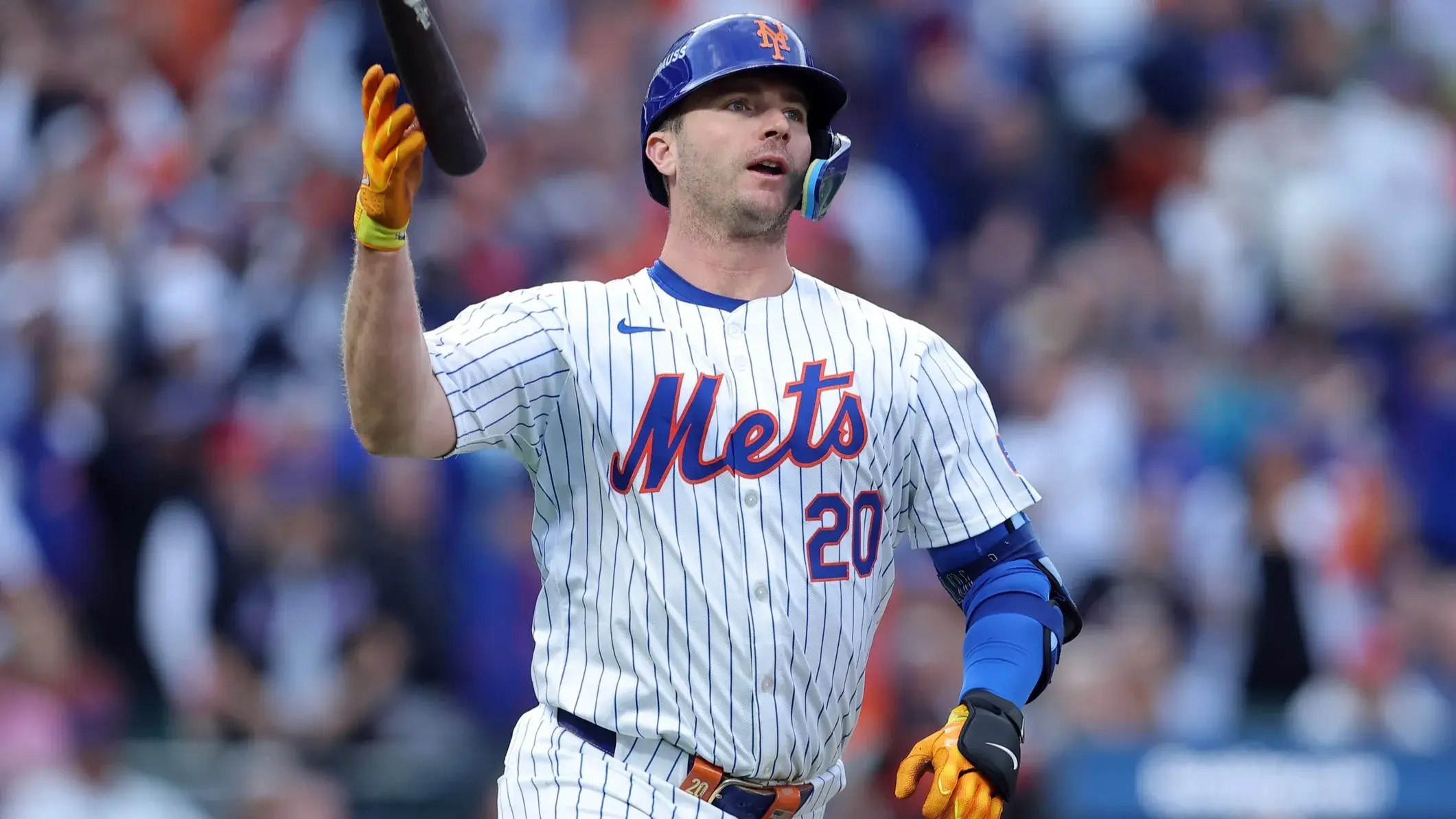 Oct 8, 2024; New York City, New York, USA; New York Mets first baseman Pete Alonso (20) runs after hitting a solo home run in the second inning against the Philadelphia Phillies during game three of the NLDS for the 2024 MLB Playoffs at Citi Field. / Brad Penner-Imagn Images