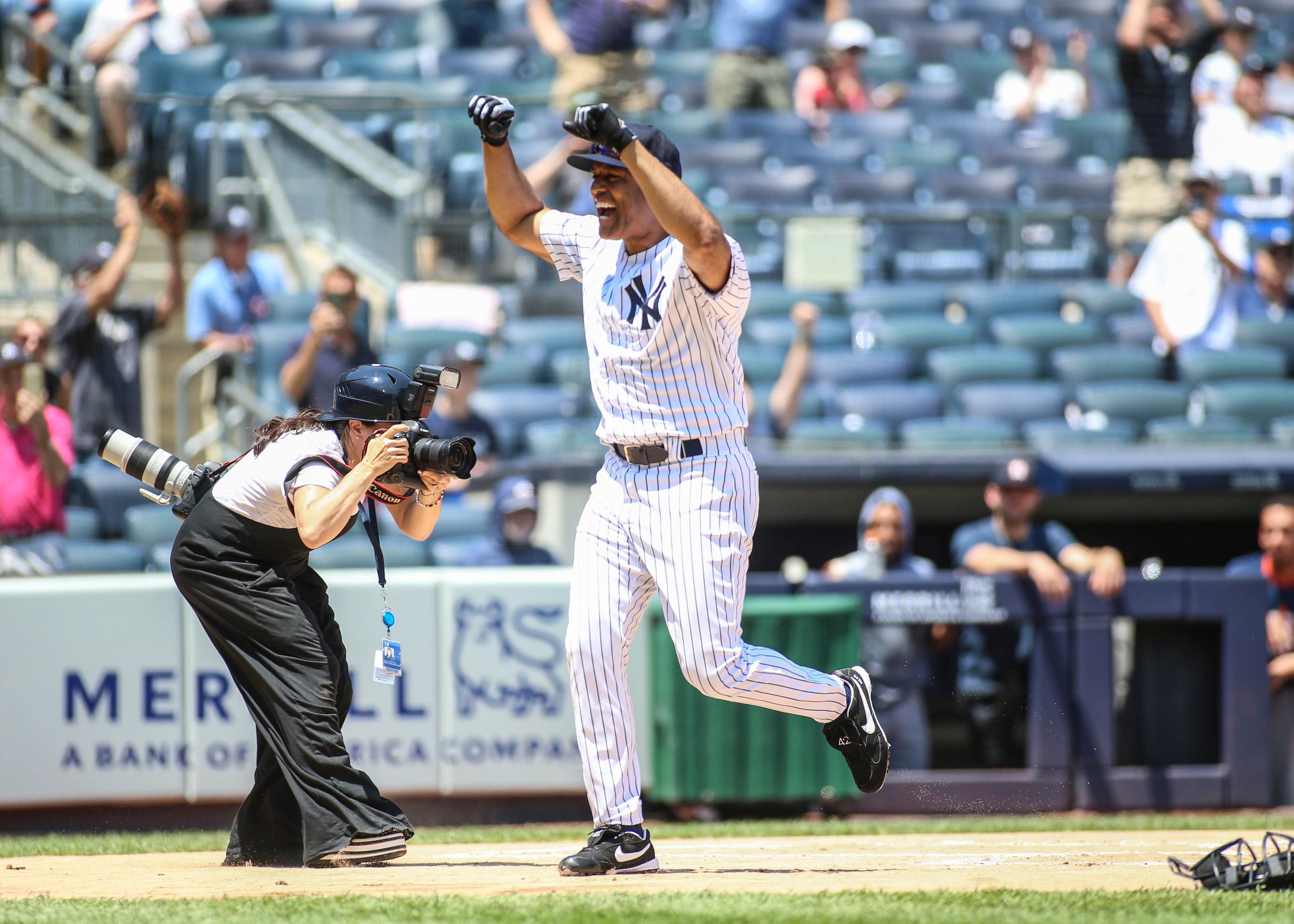 Jun 23, 2019; Bronx, NY, USA; Former New York Yankees pitcher Mariano Rivera (42) hits an inside the park home run at the 2019 Yankees Old Timers' Day Game at Yankee Stadium. Mandatory Credit: Wendell Cruz-USA TODAY Sports / Wendell Cruz