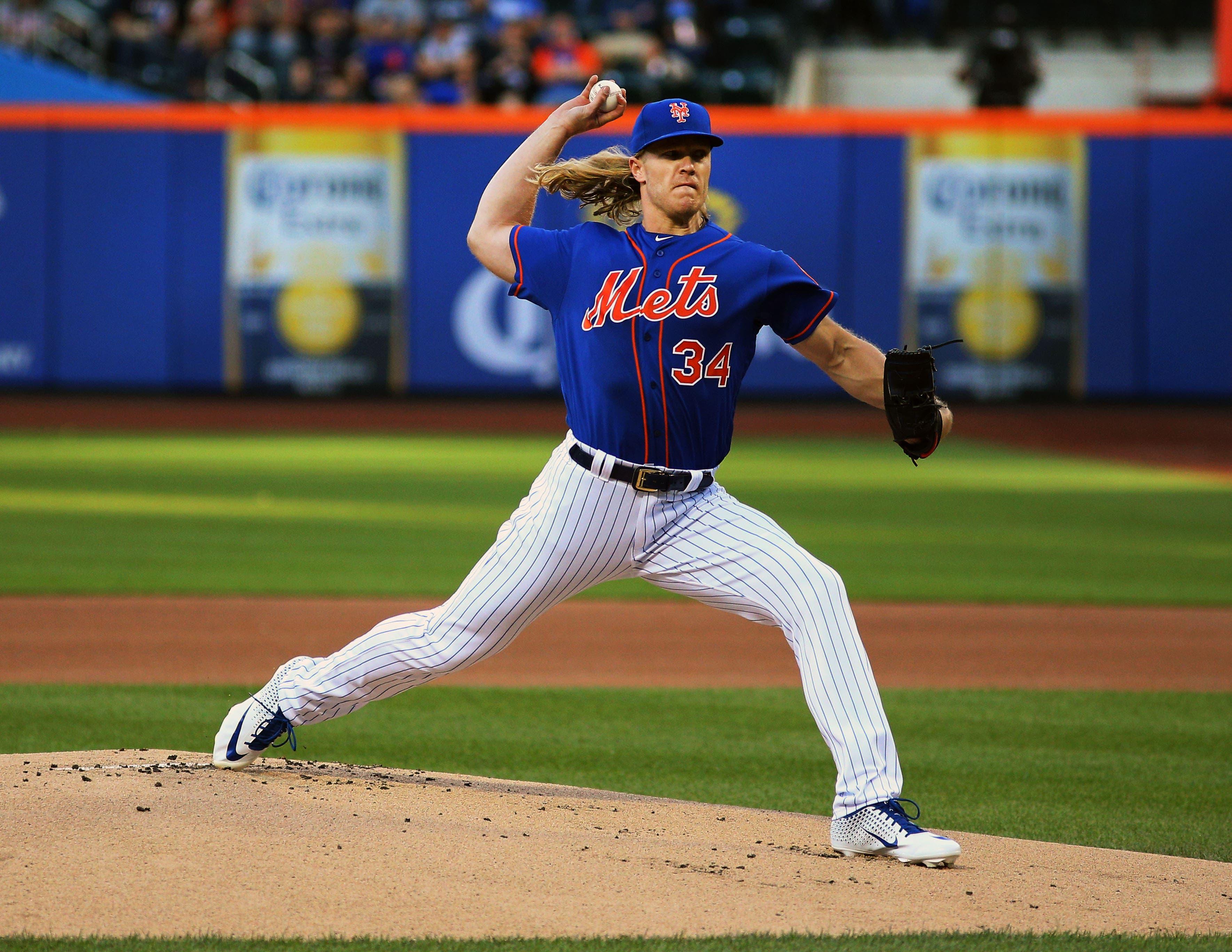 May 24, 2019; New York City, NY, USA; New York Mets starting pitcher Noah Syndergaard (34) pitches against the Detroit Tigers during the first inning at Citi Field. Mandatory Credit: Andy Marlin-USA TODAY Sports / Andy Marlin