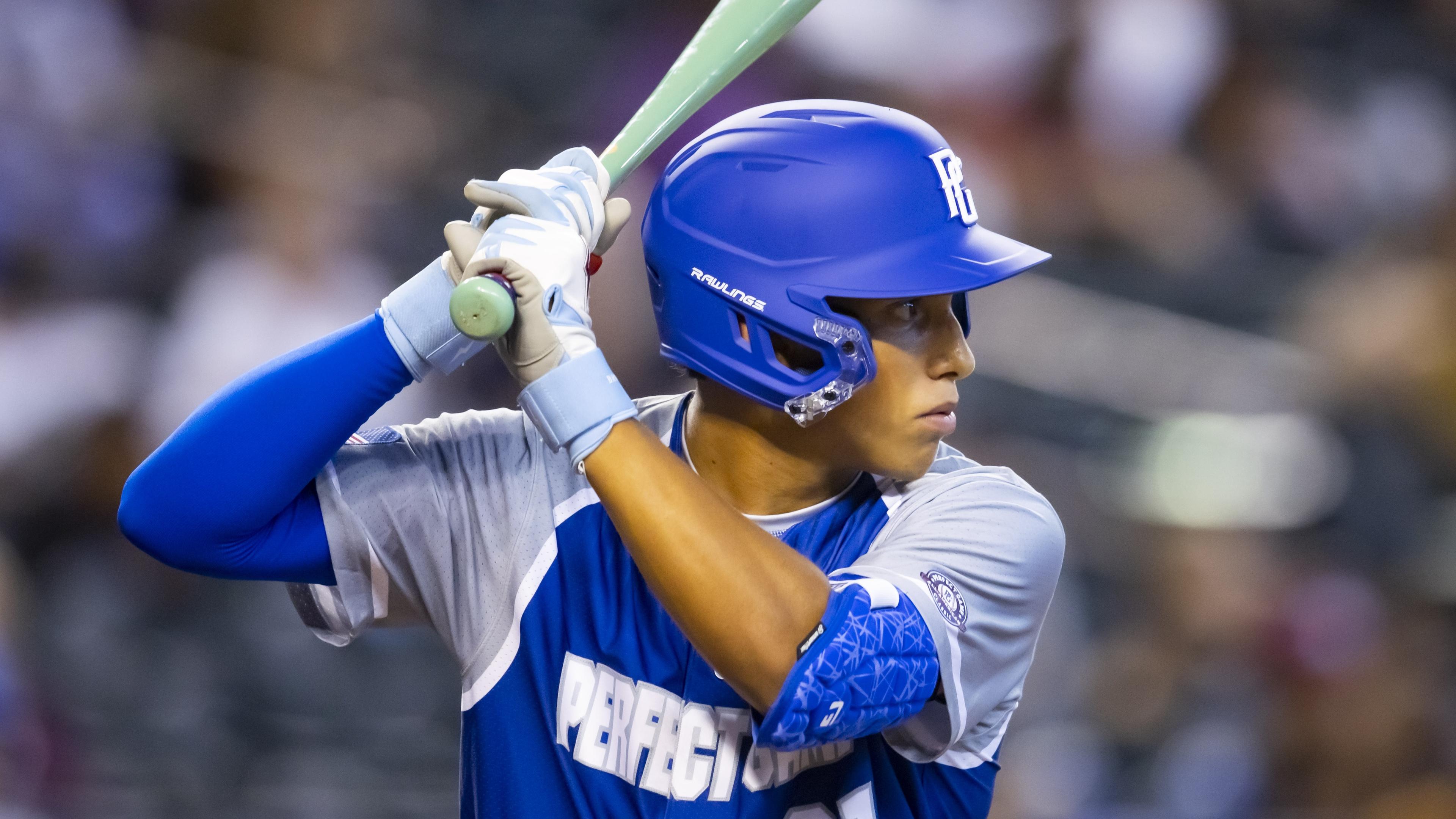 East infielder George Lombard (21) during the Perfect Game All-American Classic high school baseball game at Chase Field / Mark J. Rebilas - USA TODAY Sports
