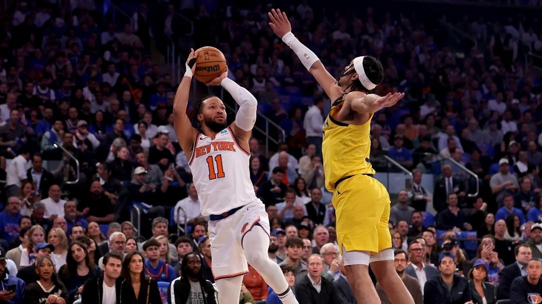 New York Knicks guard Jalen Brunson (11) takes a shot against Indiana Pacers guard Andrew Nembhard (2) during the first quarter of game one of the second round of the 2024 NBA playoffs at Madison Square Garden. / Brad Penner-USA TODAY Sports