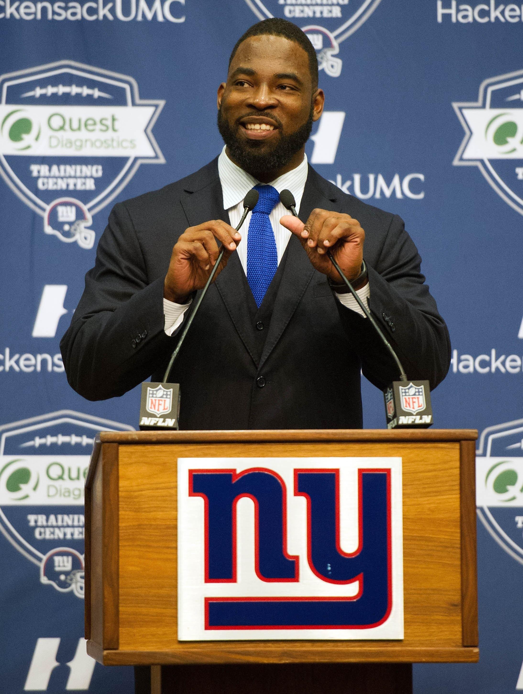 May 6, 2016; East Rutherford, NJ, USA; Justin Tuck retirement press conference during rookie minicamp at Quest Diagnostics Training Center. Mandatory Credit: William Hauser-USA TODAY Sports / William Hauser