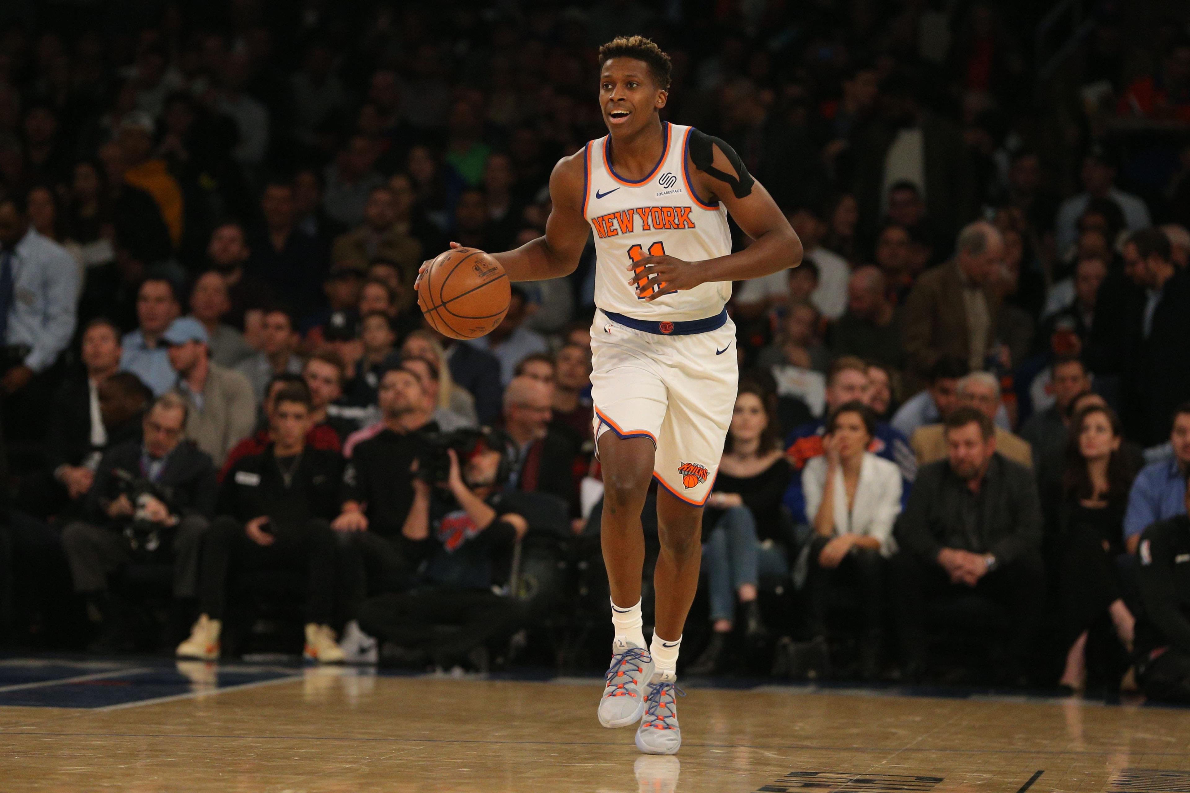 Oct 29, 2018; New York, NY, USA; New York Knicks guard Frank Ntilikina (11) controls the ball against the Brooklyn Nets during the first quarter at Madison Square Garden. Mandatory Credit: Brad Penner-USA TODAY Sports / Brad Penner