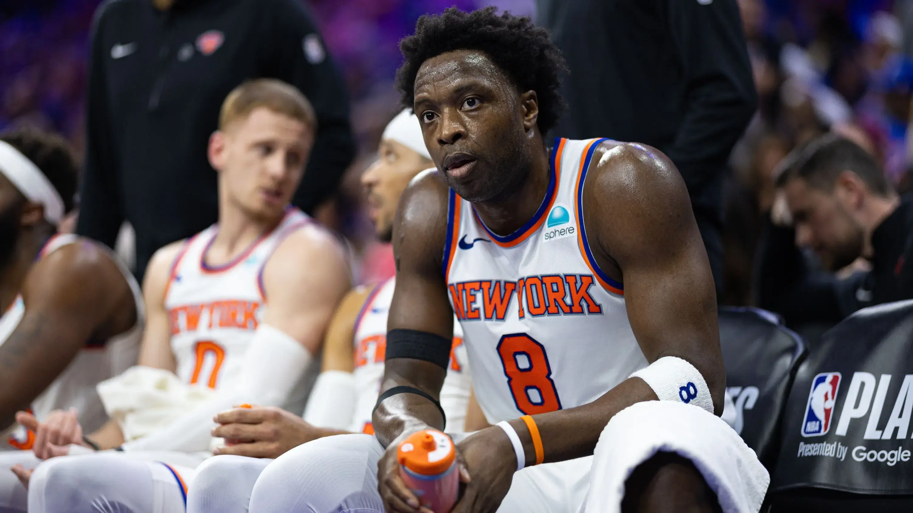 May 2, 2024; Philadelphia, Pennsylvania, USA; New York Knicks forward OG Anunoby (8) looks on from the bench during a timeout in the first half against the Philadelphia 76ers in game six of the first round for the 2024 NBA playoffs at Wells Fargo Center. / Bill Streicher-USA TODAY Sports