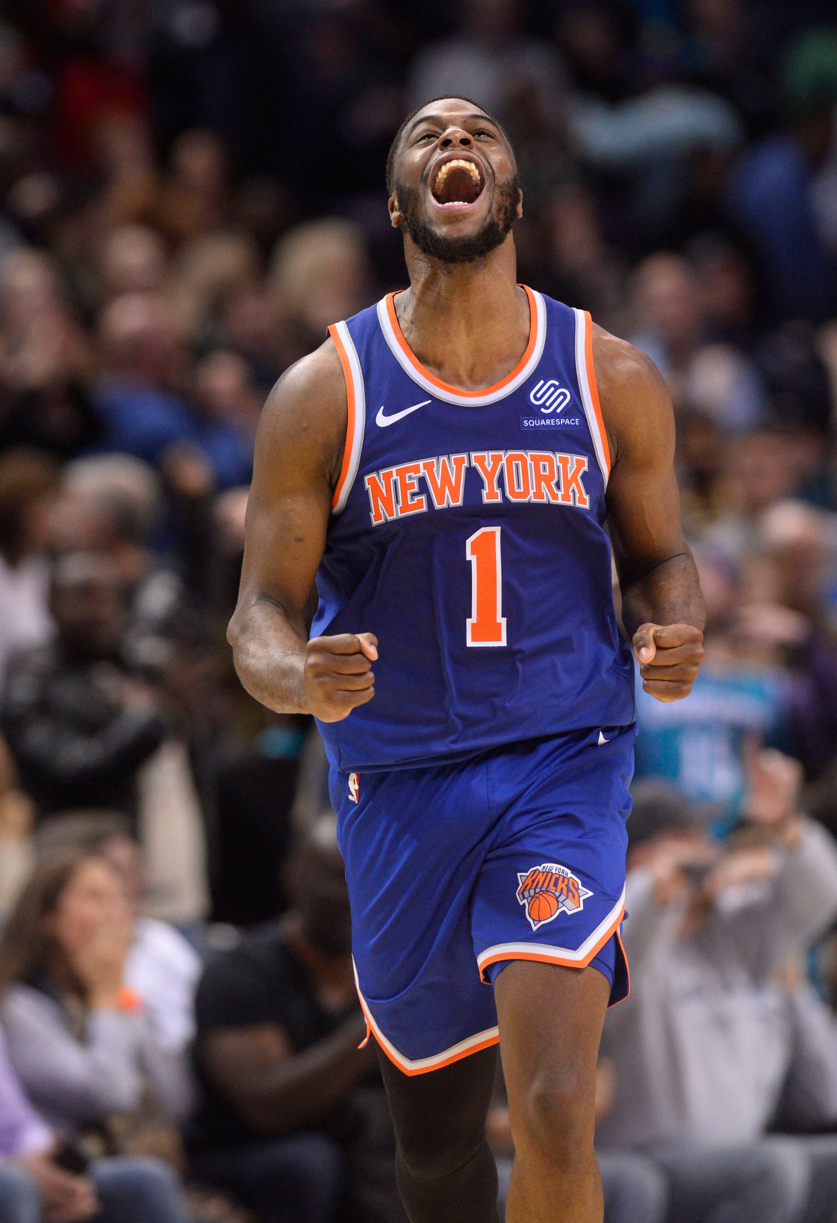 Dec 14, 2018; Charlotte, NC, USA; New York Knicks guard Emmanuel Mudiay (1) reacts after missing a possible game winning shot in the closing seconds of the second half against the Charlotte Hornets at the Spectrum Center. The Knicks won in overtime 126-124. Mandatory Credit: Sam Sharpe-USA TODAY Sports / Sam Sharpe