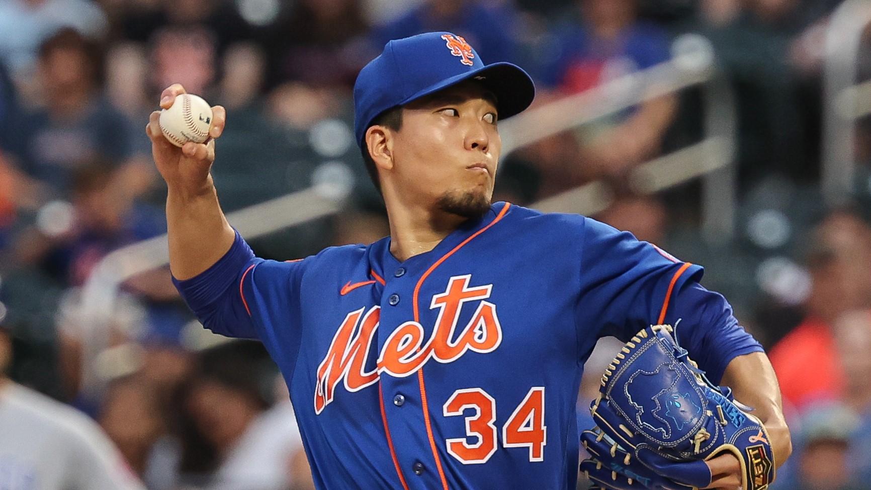 Aug 7, 2023; New York City, New York, USA; New York Mets starting pitcher Kodai Senga (34) delivers a pitch during the first inning against the Chicago Cubs at Citi Field. Mandatory Credit: Vincent Carchietta-USA TODAY Sports