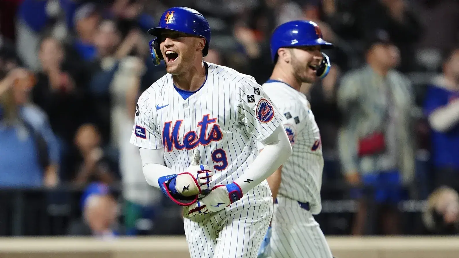 Sep 22, 2024; New York City, New York, USA; New York Mets left fielder Brandon Nimmo (9) reacts to hitting a home run as he rounds the bases against the Philadelphia Phillies during the sixth inning at Citi Field. / Gregory Fisher-Imagn Images