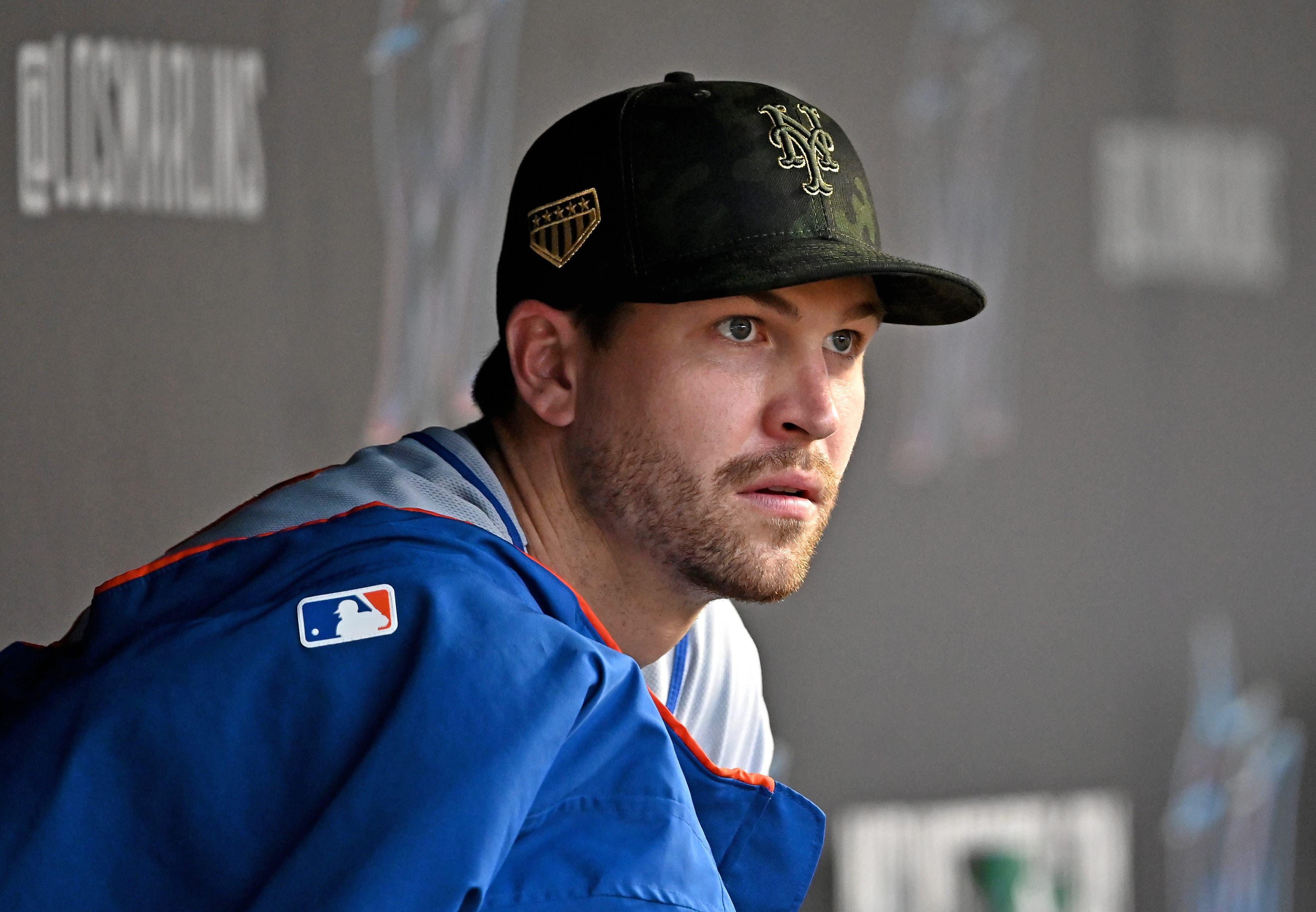 May 17, 2019; Miami, FL, USA; New York Mets starting pitcher Jacob deGrom (48) looks on from the dugout in the second inning against the Miami Marlins at Marlins Park. Mandatory Credit: Steve Mitchell-USA TODAY Sports / Steve Mitchell