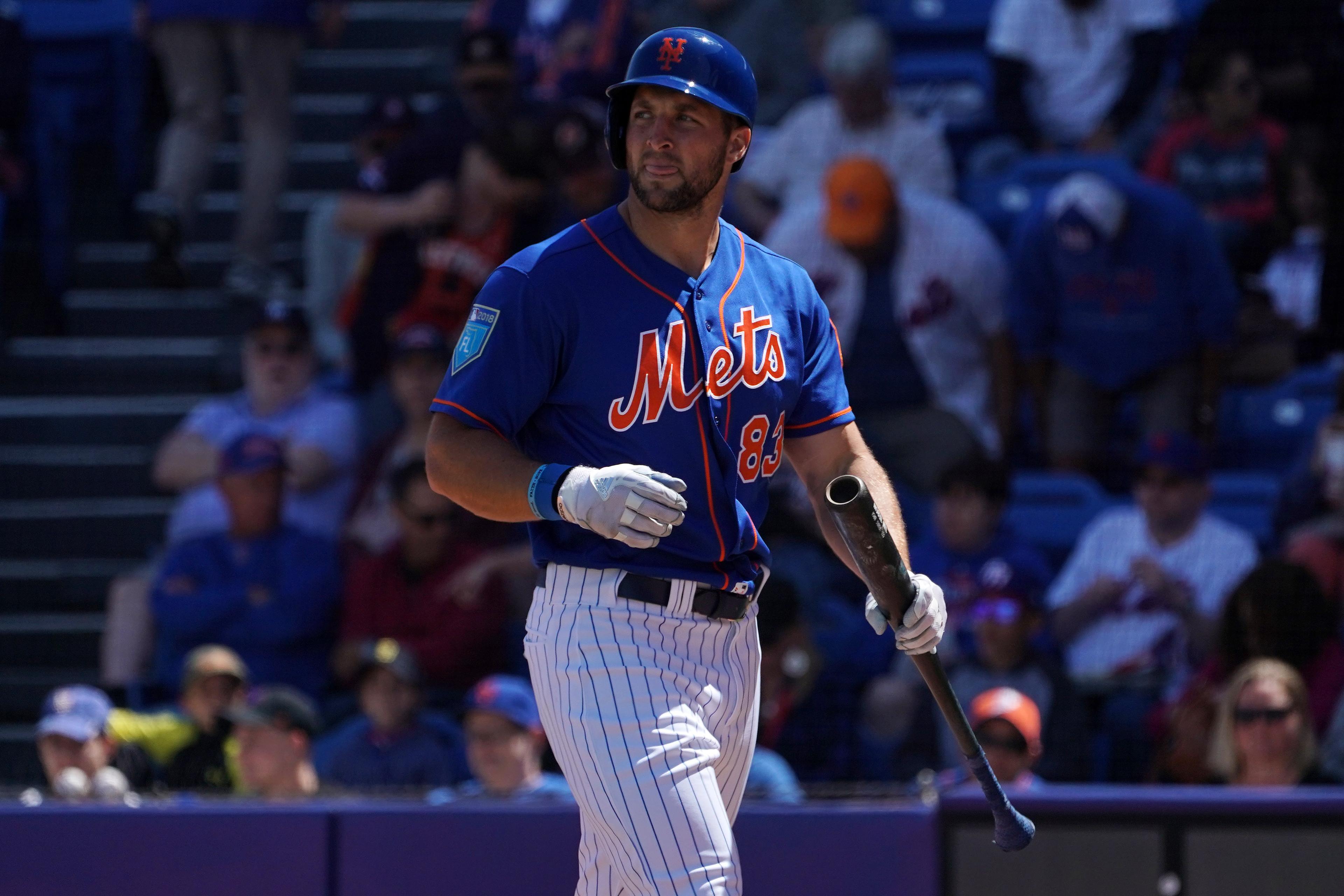 Mar 13, 2018; Port St. Lucie, FL, USA; New York Mets designated hitter Tim Tebow (83) reacts after striking out in the second inning against the Houston Astros during a spring training game at First Data Field. Mandatory Credit: Jasen Vinlove-USA TODAY Sports