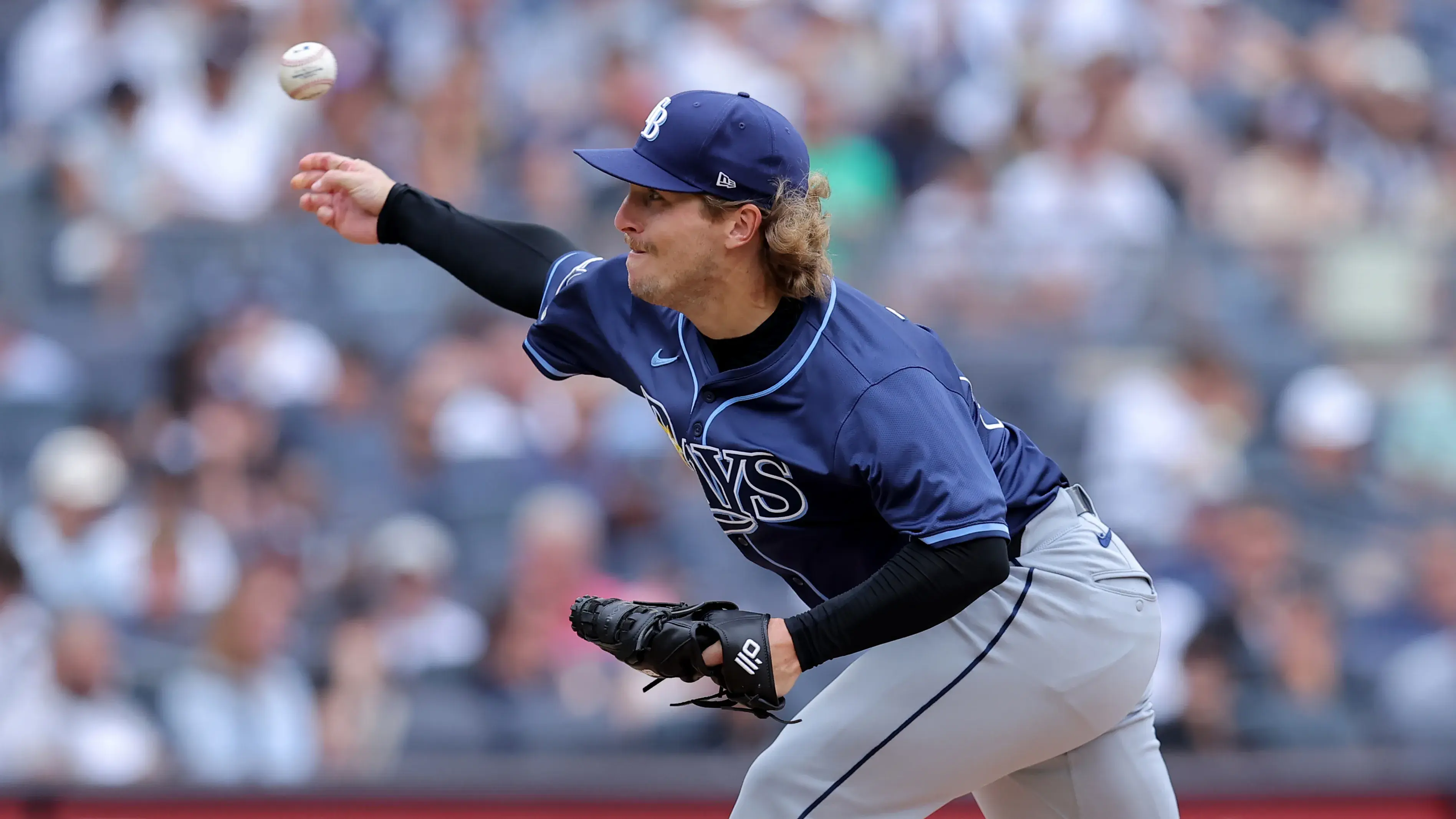 Jul 22, 2024; Bronx, New York, USA; Tampa Bay Rays relief pitcher Tyler Zuber (53) pitches against the New York Yankees during the sixth inning at Yankee Stadium. / Brad Penner - USA TODAY Sports