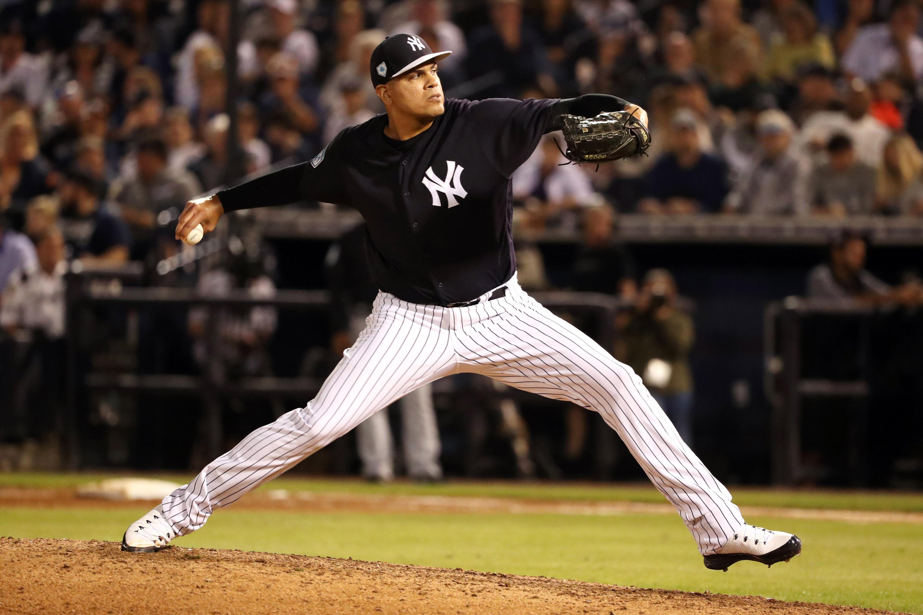 Mar 8, 2019; Tampa, FL, USA; New York Yankees relief pitcher Dellin Betances (68) throws a pitch during the fifth inning against the Detroit Tigers at George M. Steinbrenner Field. Mandatory Credit: Kim Klement-USA TODAY Sports / Kim Klement