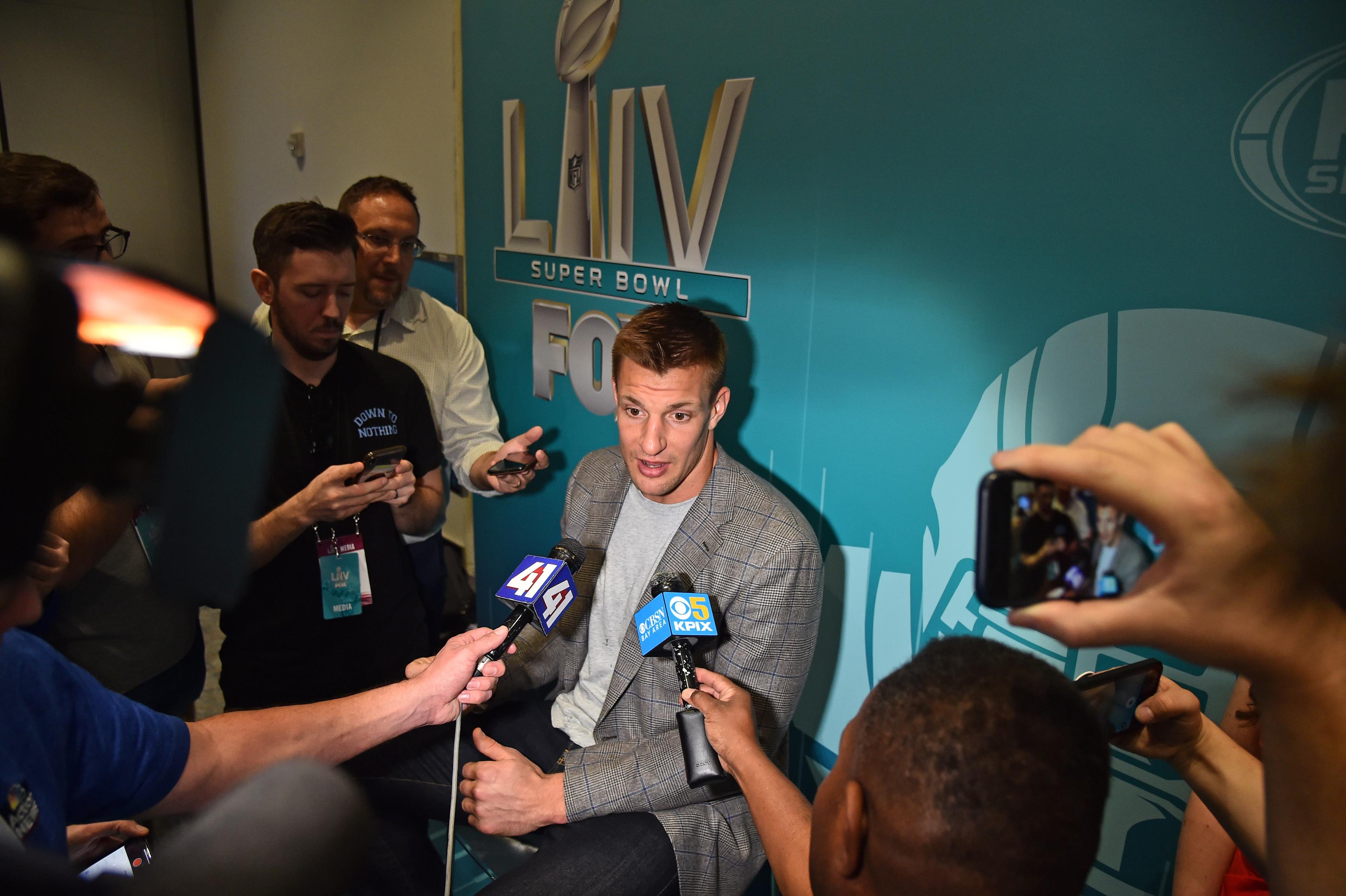 Jan 28, 2020; Miami, Florida, USA; Fox Sports broadcaster Rob Gronkowski speaks with the media during Fox Sports media day at the Miami Beach convention center. Mandatory Credit: Jasen Vinlove-USA TODAY Sports / Jasen Vinlove